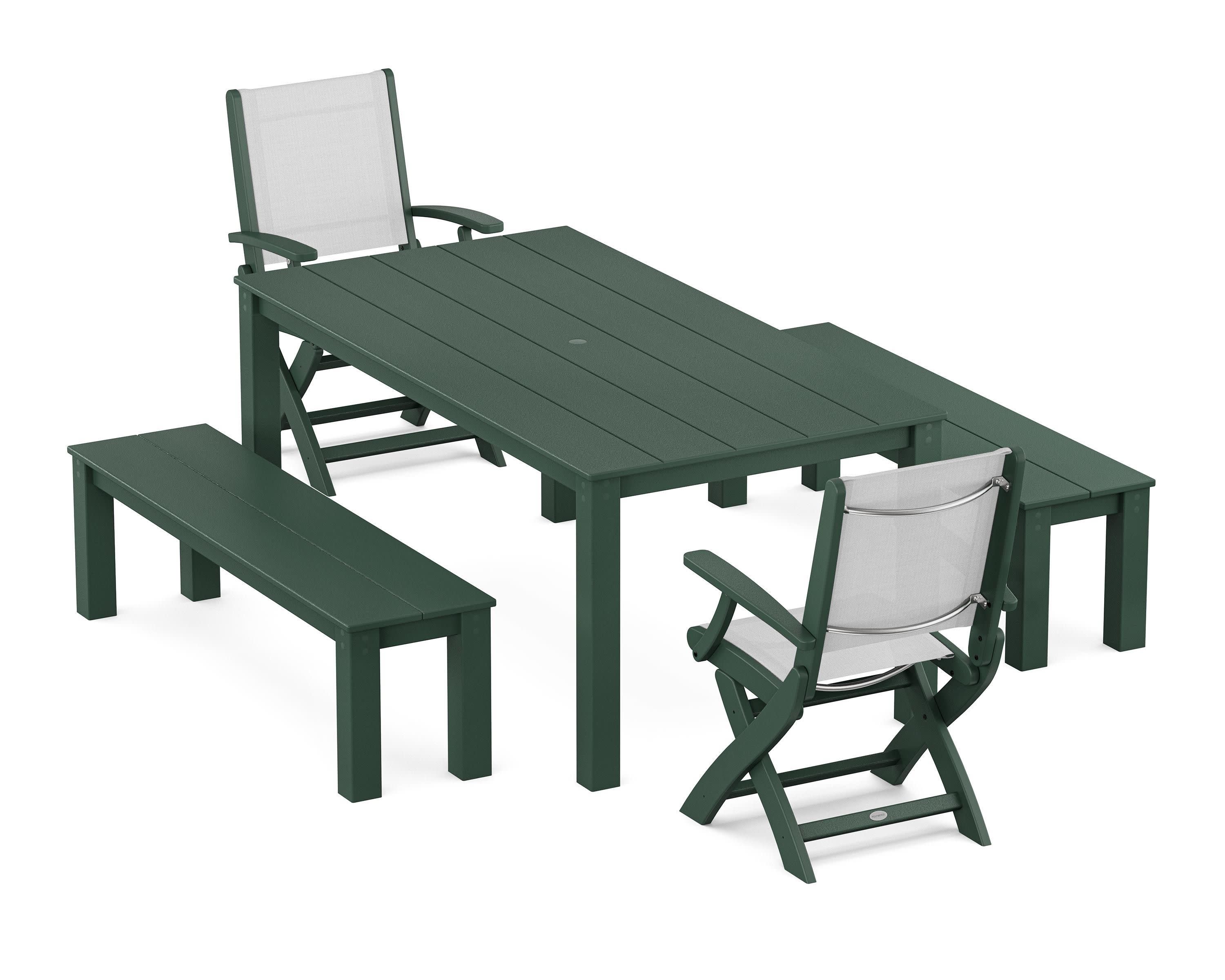 Coastal Folding Chair 5-Piece Parsons Dining Set with Benches in Green / White Sling