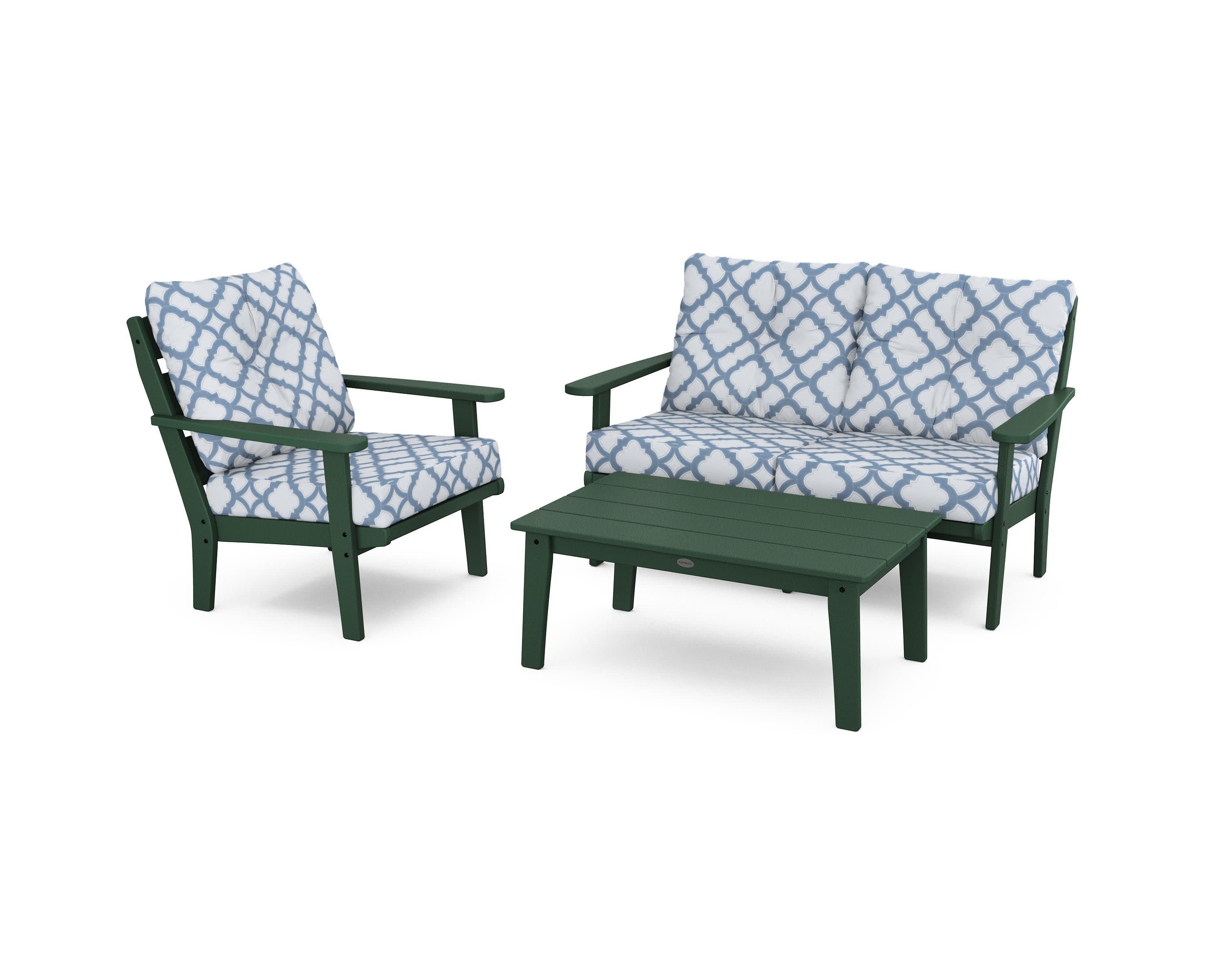 Lakeside 3-Piece Deep Seating Set in Green / Trellis Sky Blue