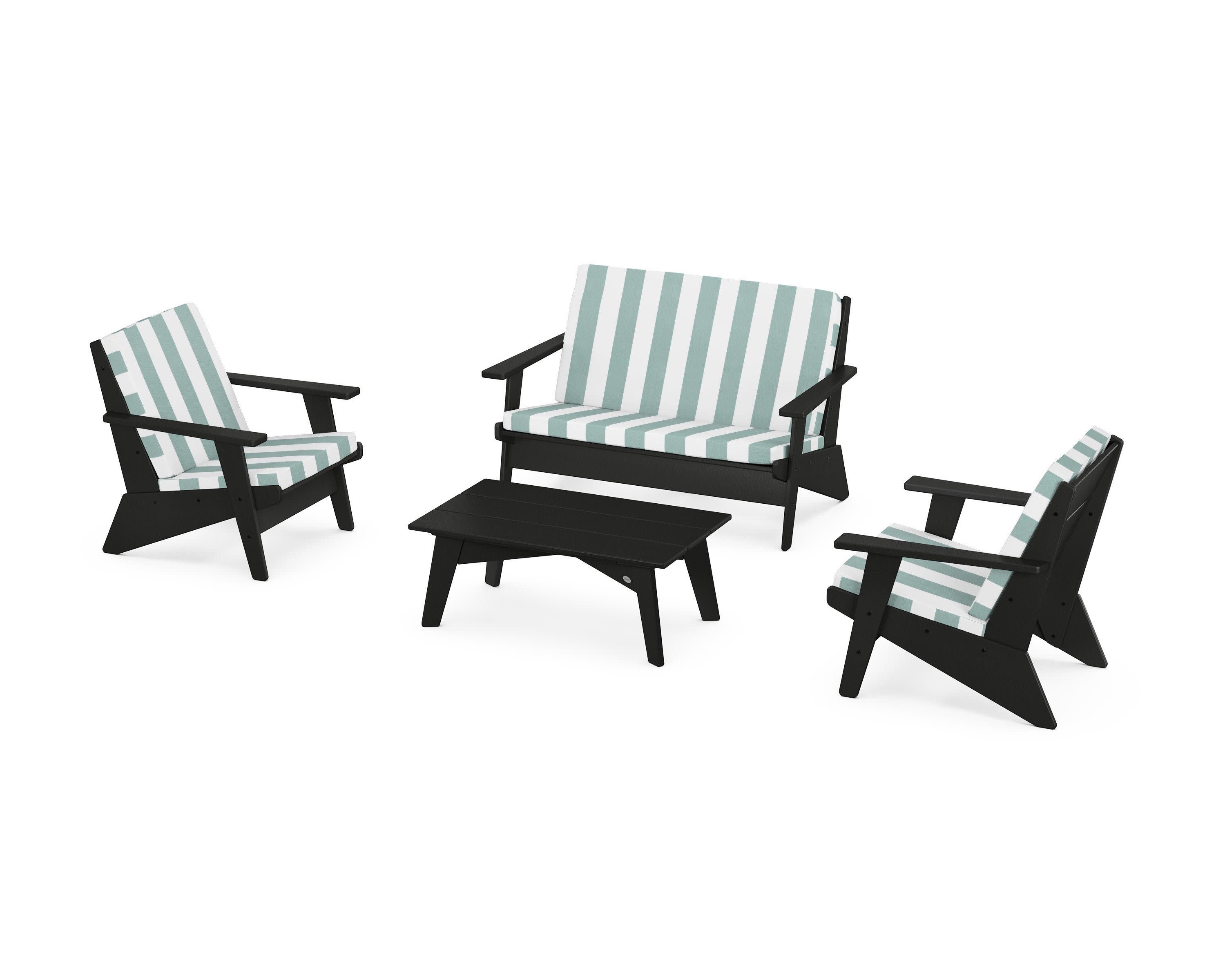 Riviera Modern Lounge 4-Piece Set in Black / Cabana Stripe Glacier Spa
