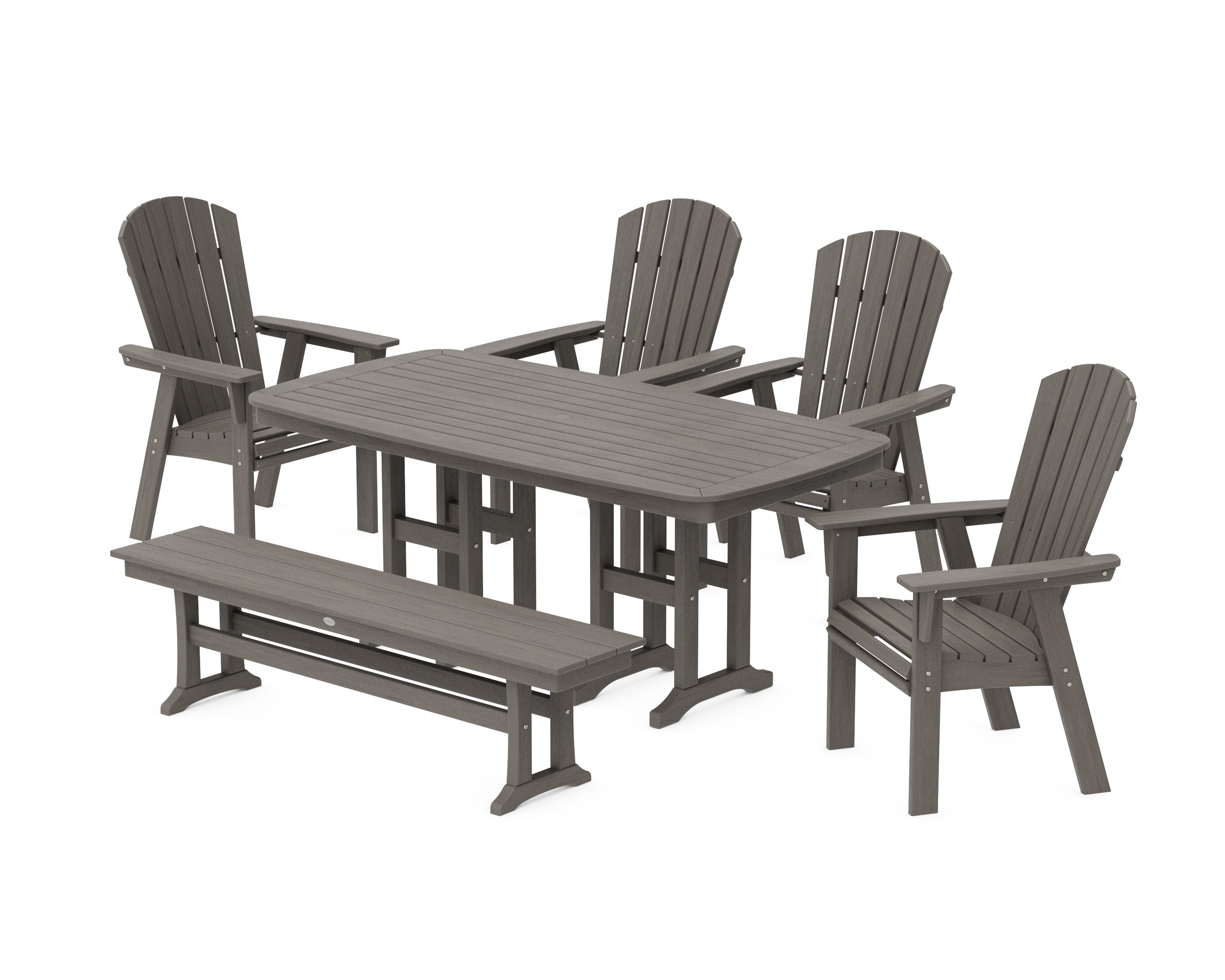 Nautical Curveback Adirondack 6-Piece Dining Set with Bench in Driftwood