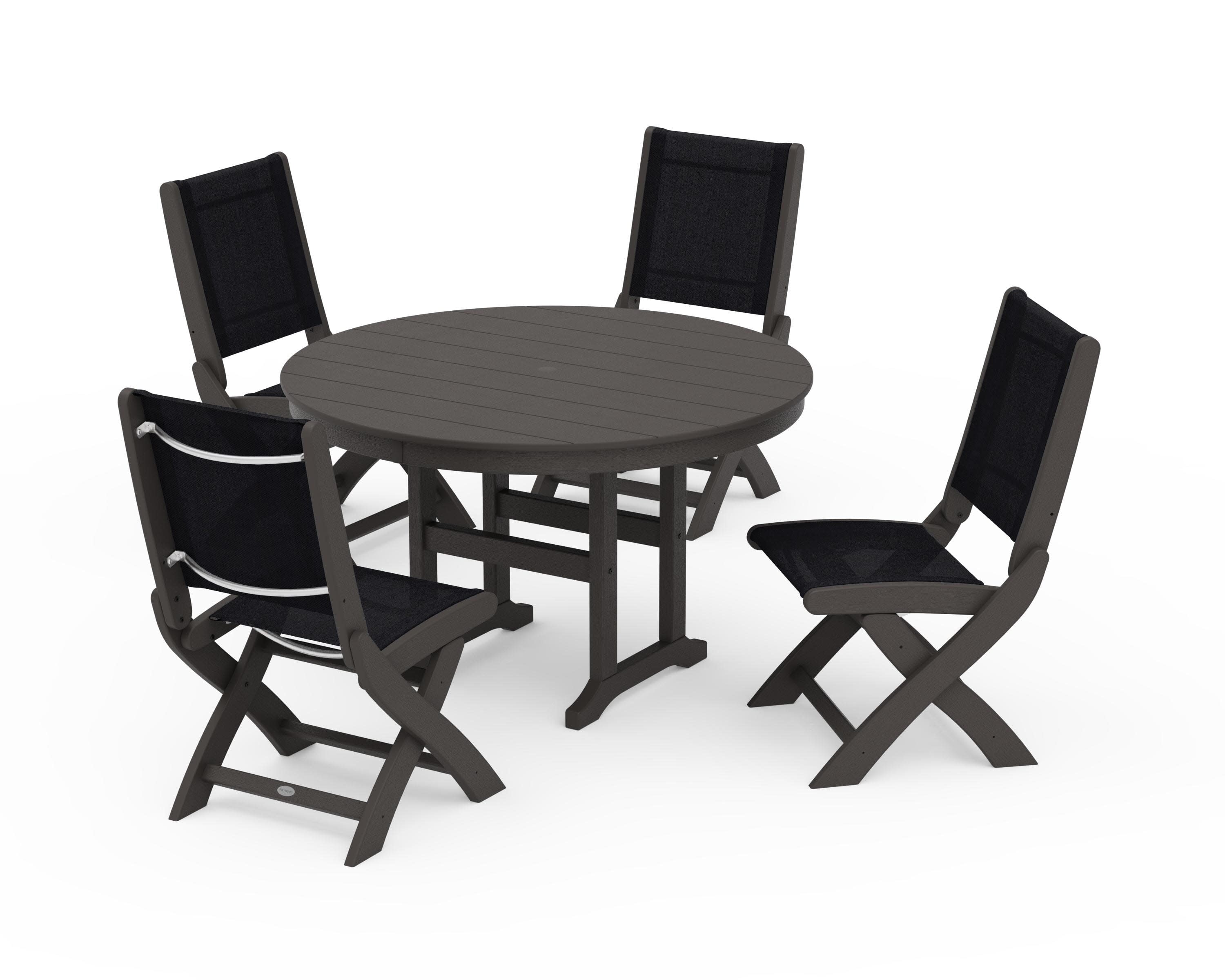 Coastal Folding Side Chair 5-Piece Round Dining Set in Vintage Coffee / Black Sling