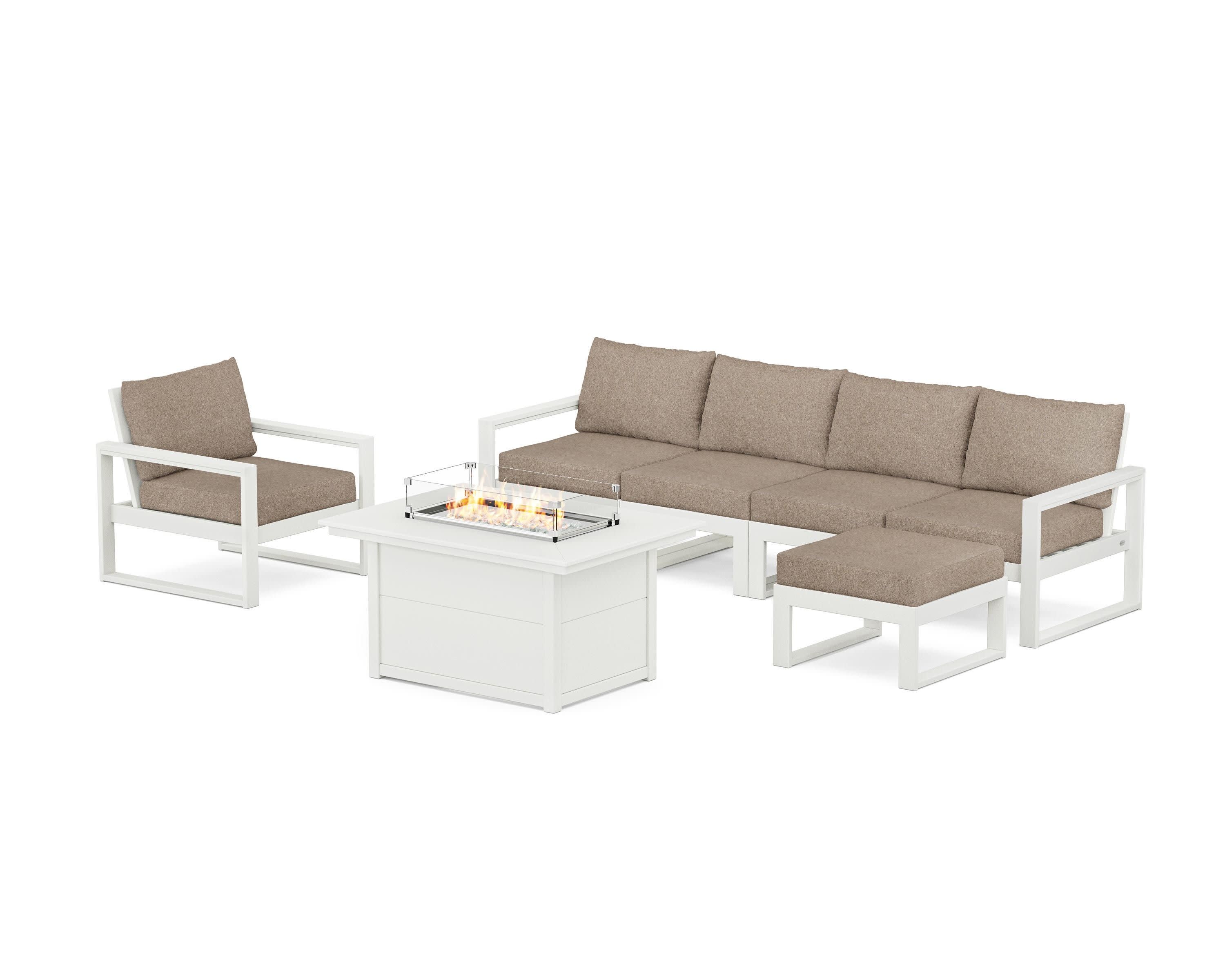 EDGE Sectional Lounge and Fire Pit Set in Vintage White / Spiced Burlap