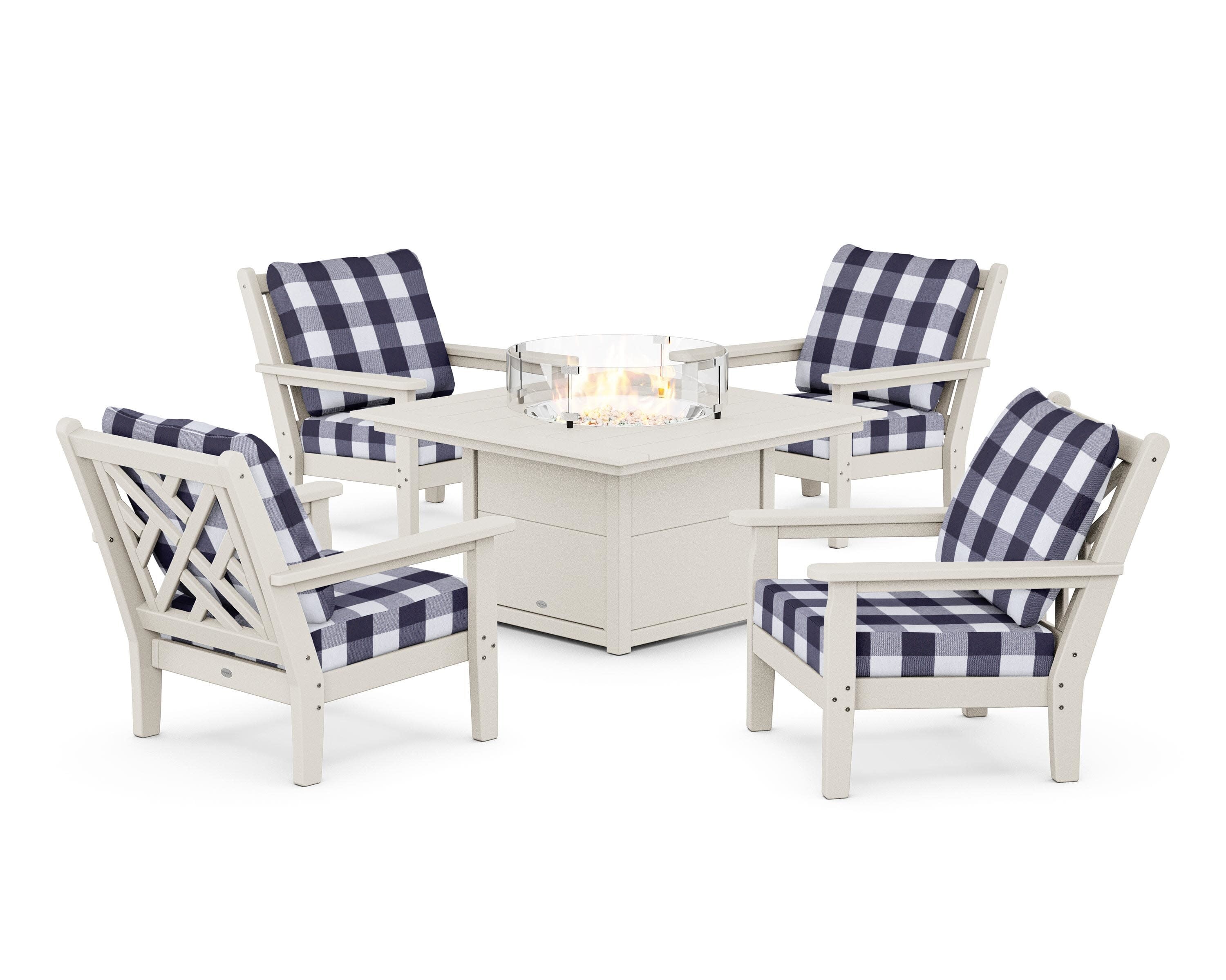 Chippendale 5-Piece Deep Seating Set with Fire Pit Table in Sand / Buffalo Plaid Navy
