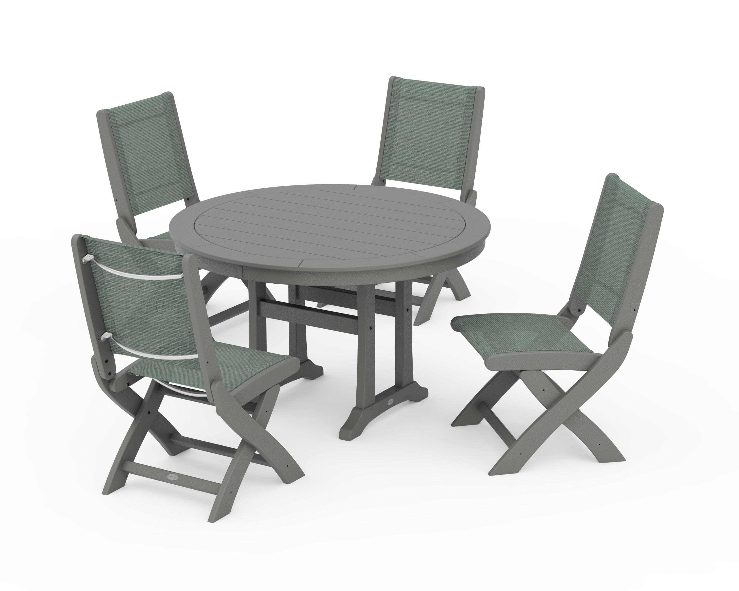 Coastal Folding Side Chair 5-Piece Round Dining Set With Trestle Legs in Slate Grey / Dupioni Sea Mist Sling