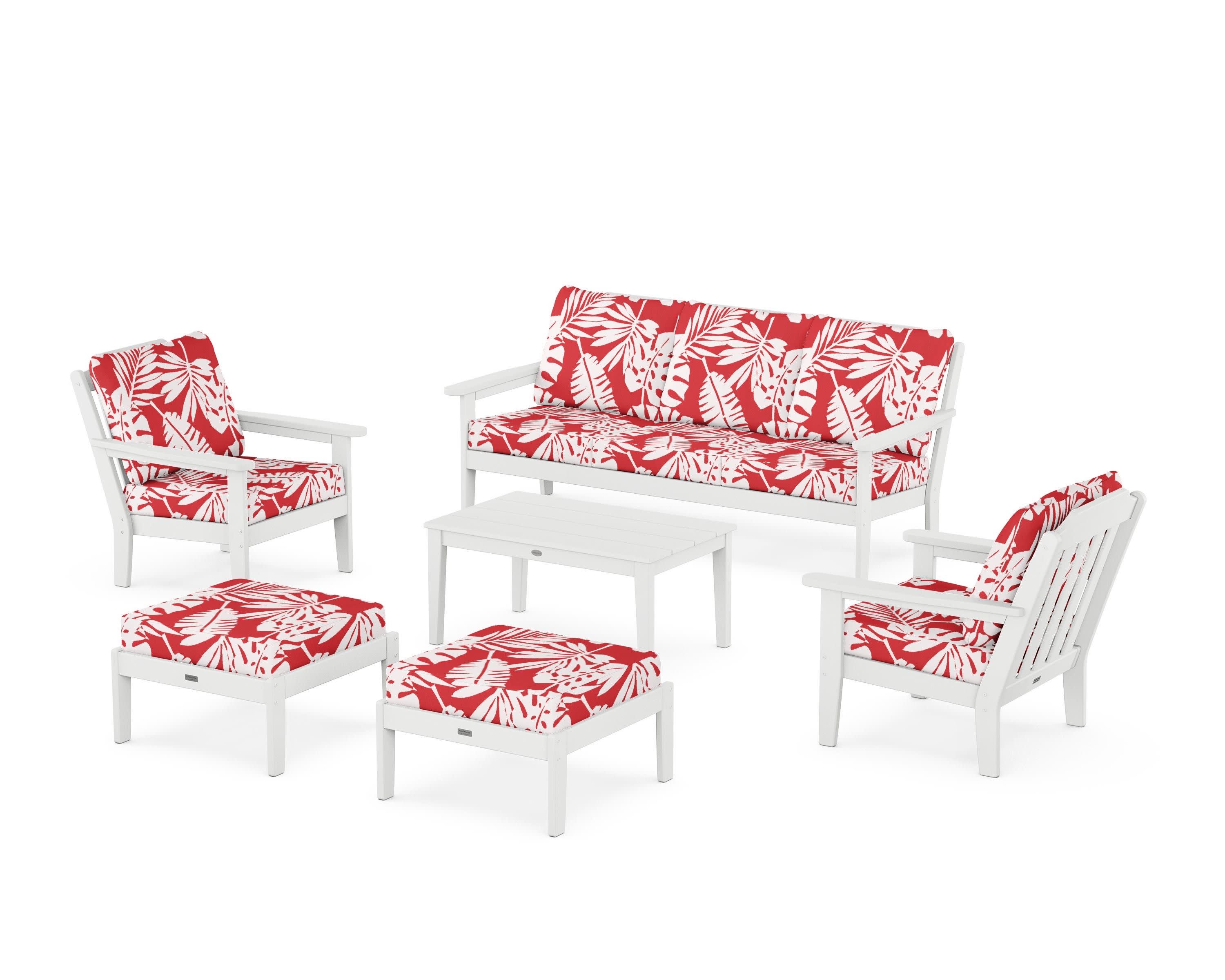 Cottage 6-Piece Lounge Sofa Set in White / Leaf Crimson
