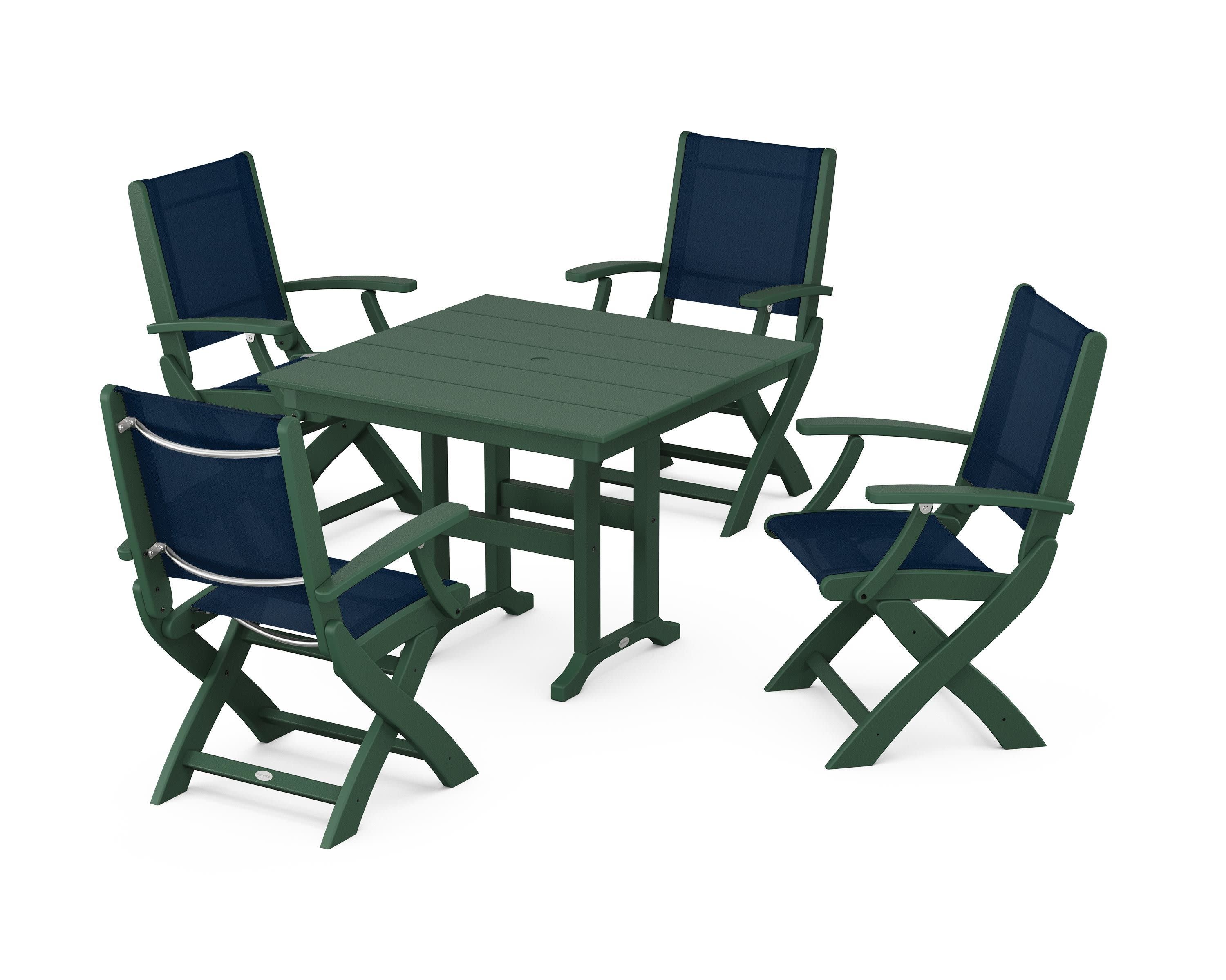 Coastal Folding Chair 5-Piece Farmhouse Dining Set in Green / Navy Blue Sling