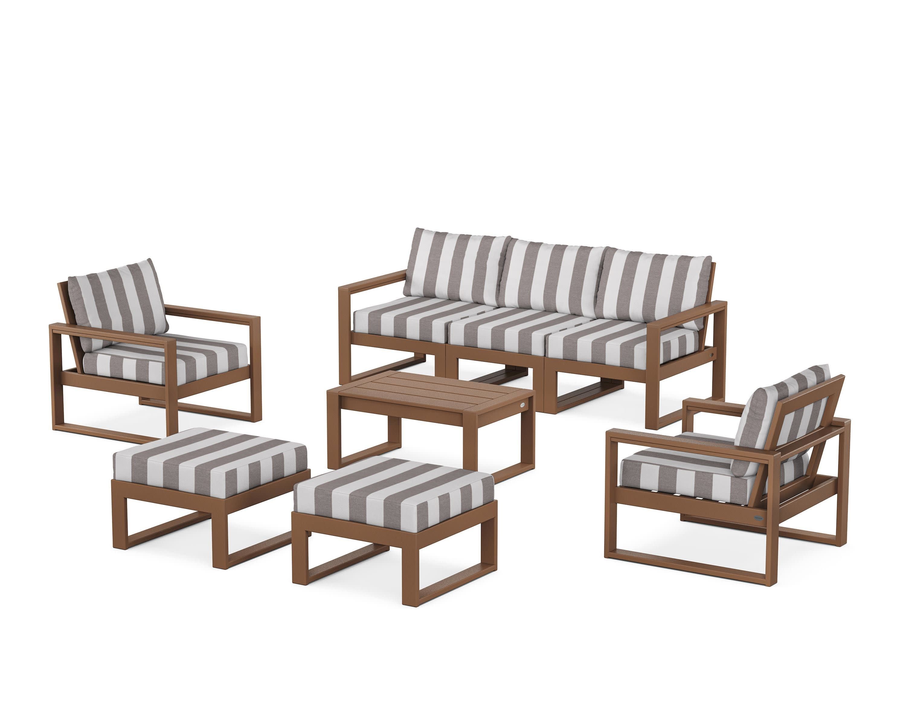 EDGE Sectional 8-Piece Lounge Sofa Set in Teak / Cabana Stripe Grey Mist