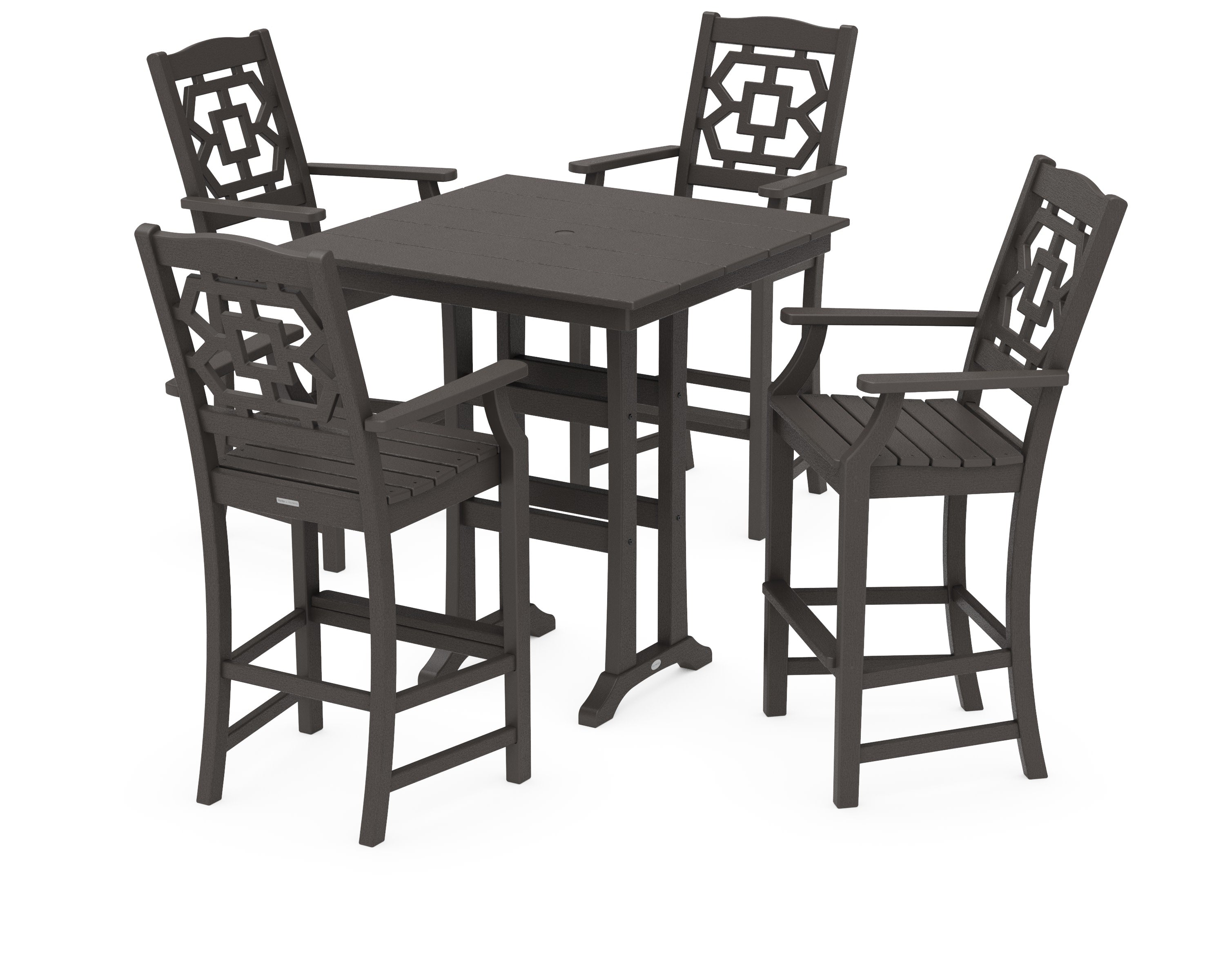 Chinoiserie 5-Piece Farmhouse Bar Set with Trestle Legs in Vintage Coffee