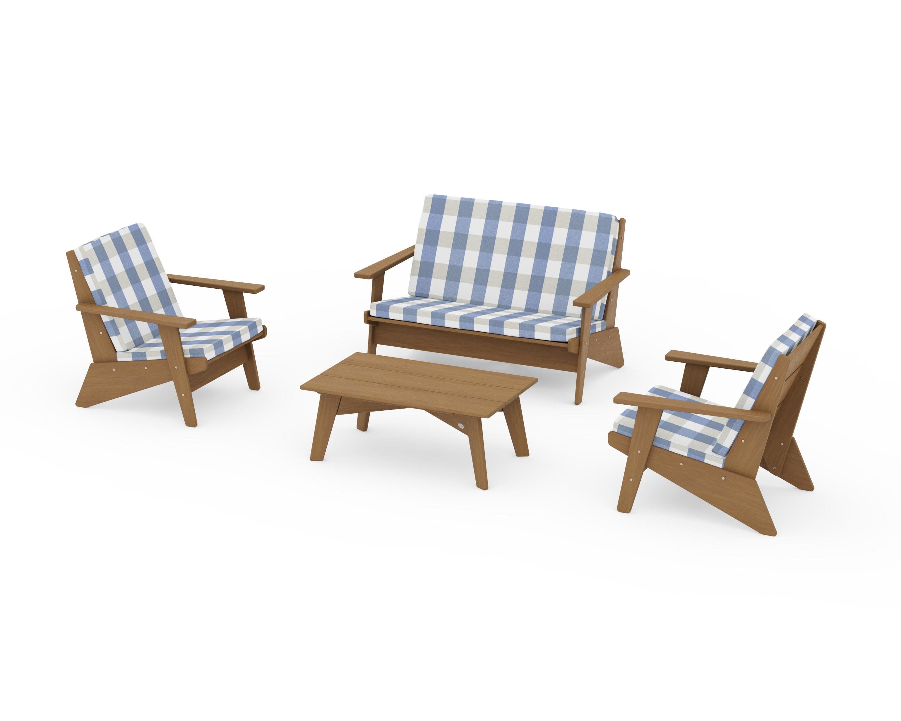 Riviera Modern Lounge 4-Piece Set in Natural / Buffalo Plaid Sky Blue