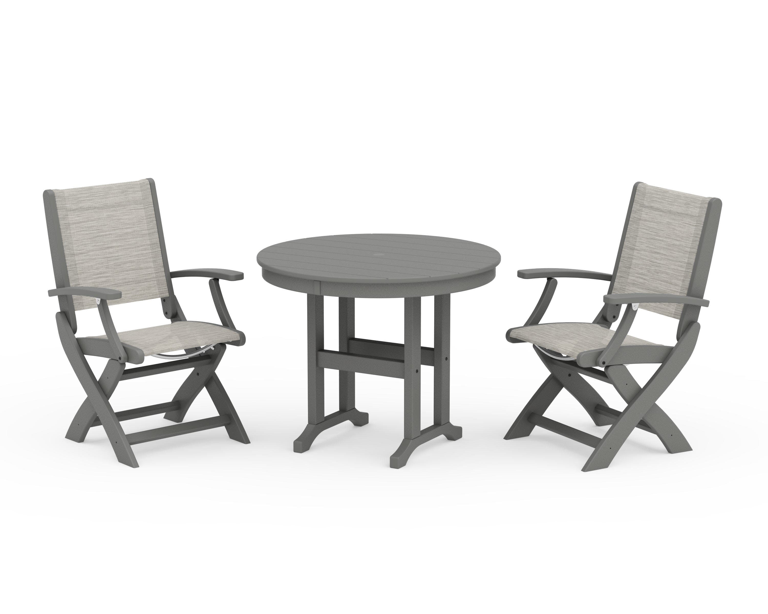 Coastal Folding Chair 3-Piece Round Dining Set in Slate Grey / Birch Sling