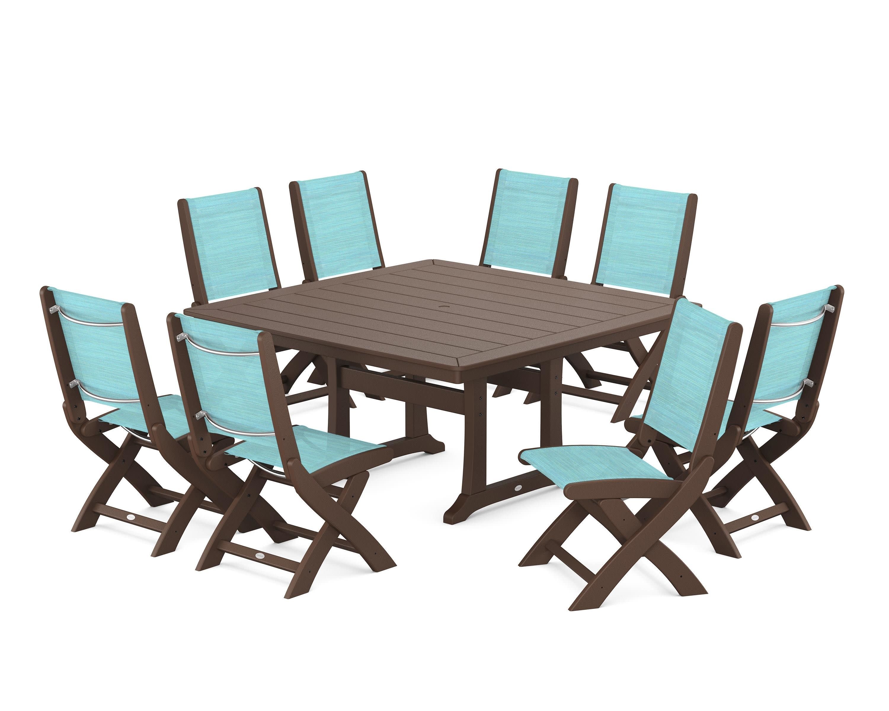 Coastal Folding Side Chair 9-Piece Dining Set with Trestle Legs in Mahogany / Dupioni Aquamarine Sling