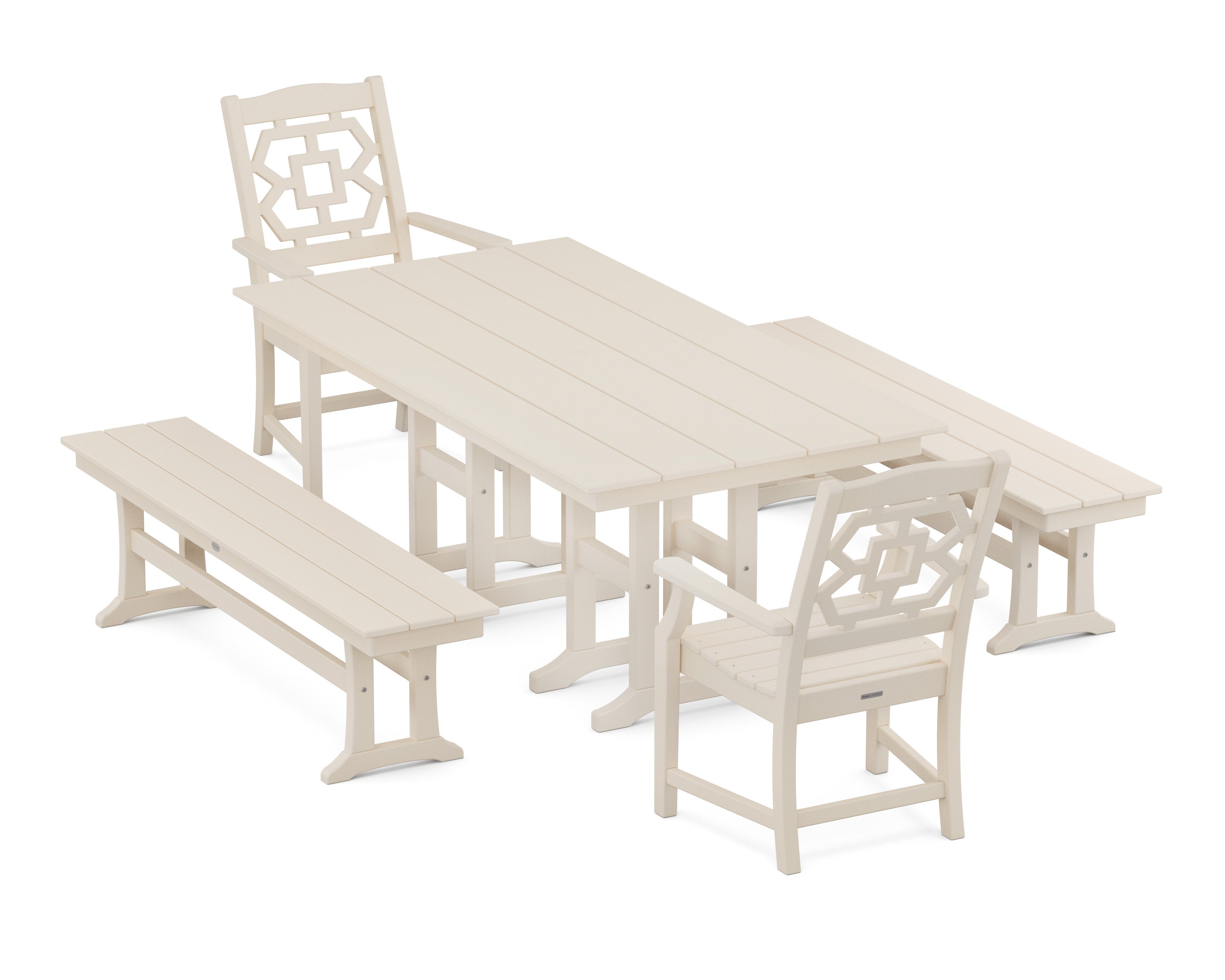 Chinoiserie 5-Piece Farmhouse Dining Set with Benches in Sand