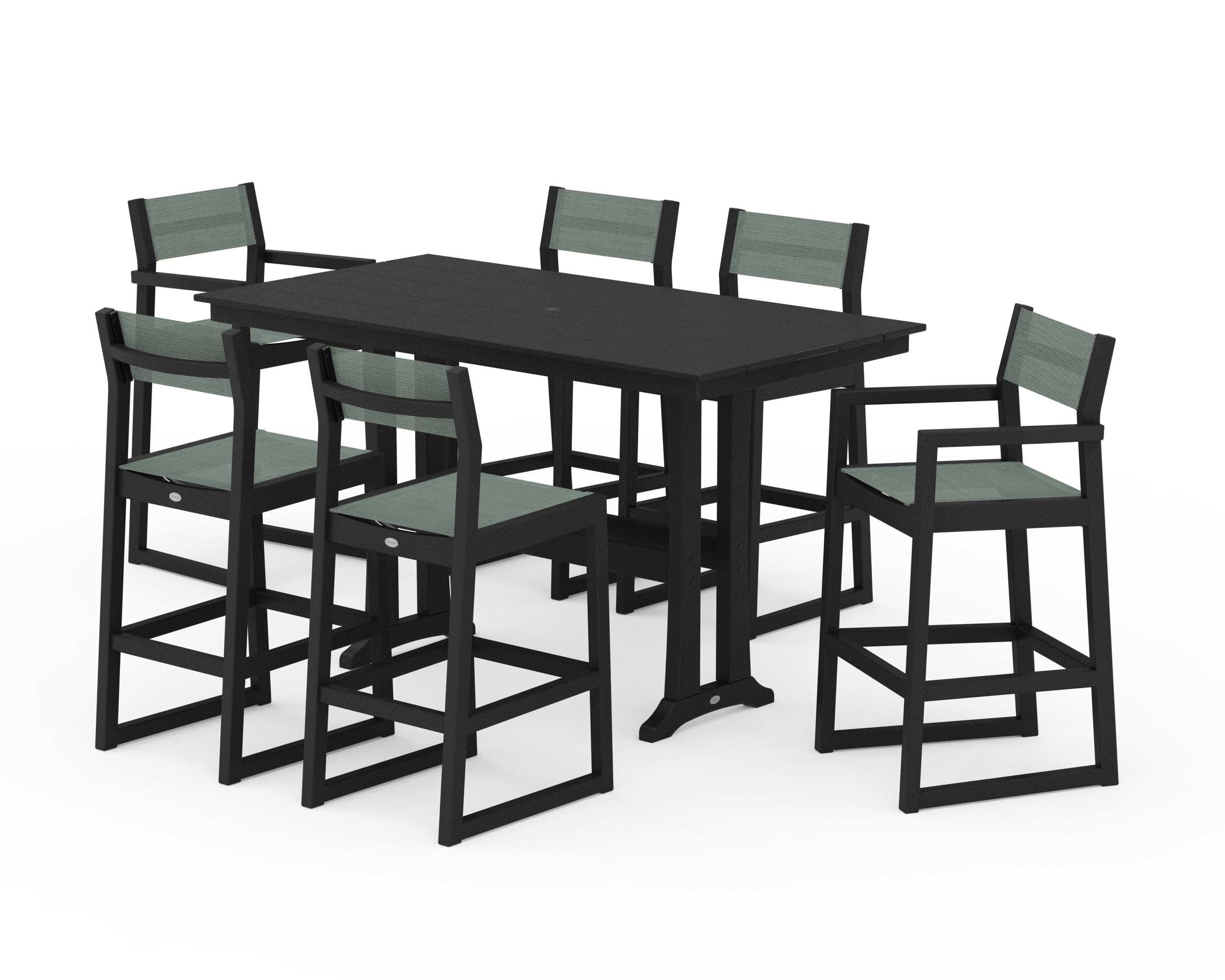EDGE Sling 7-Piece Farmhouse Bar Set with Trestle Legs in Black / Dupioni Sea Mist Sling