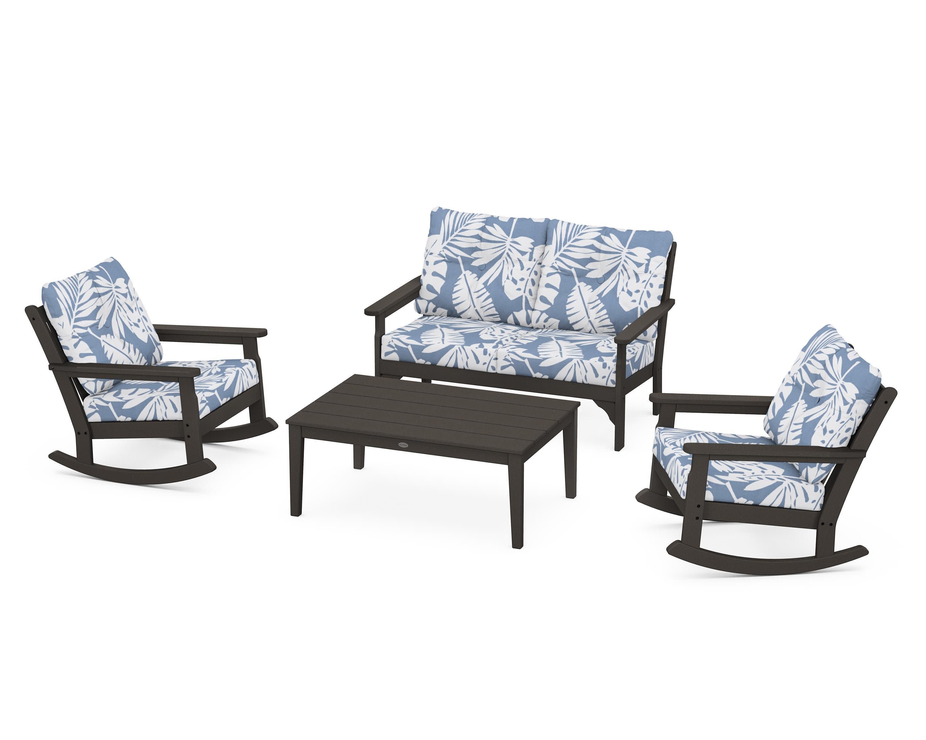 Vineyard 4-Piece Deep Seating Rocking Chair Set in Vintage Coffee / Leaf Sky Blue