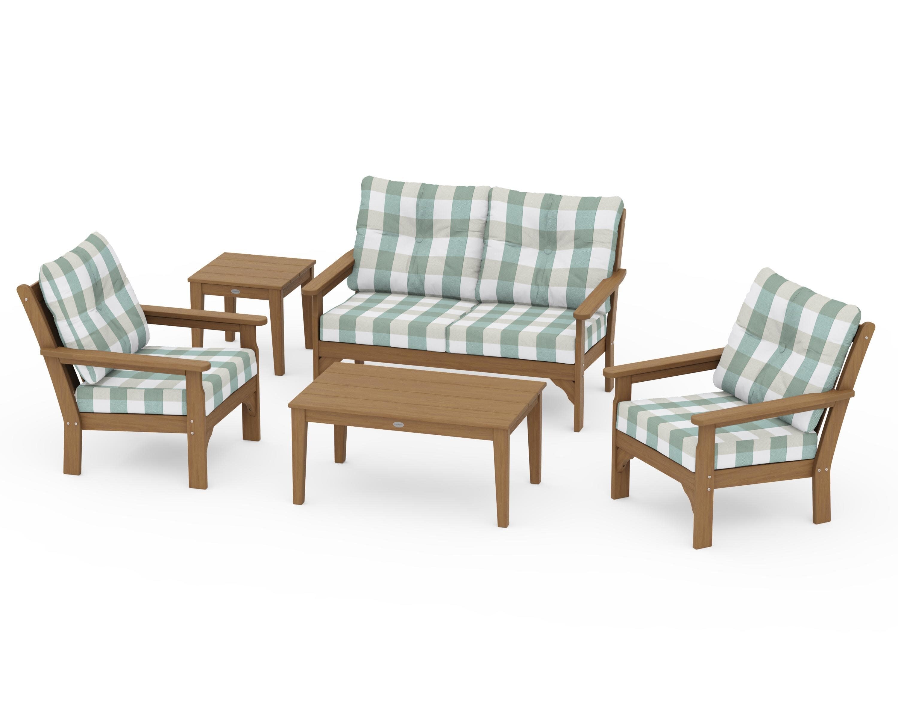 Vineyard 5-Piece Deep Seating Set in Natural / Buffalo Plaid Glacier Spa
