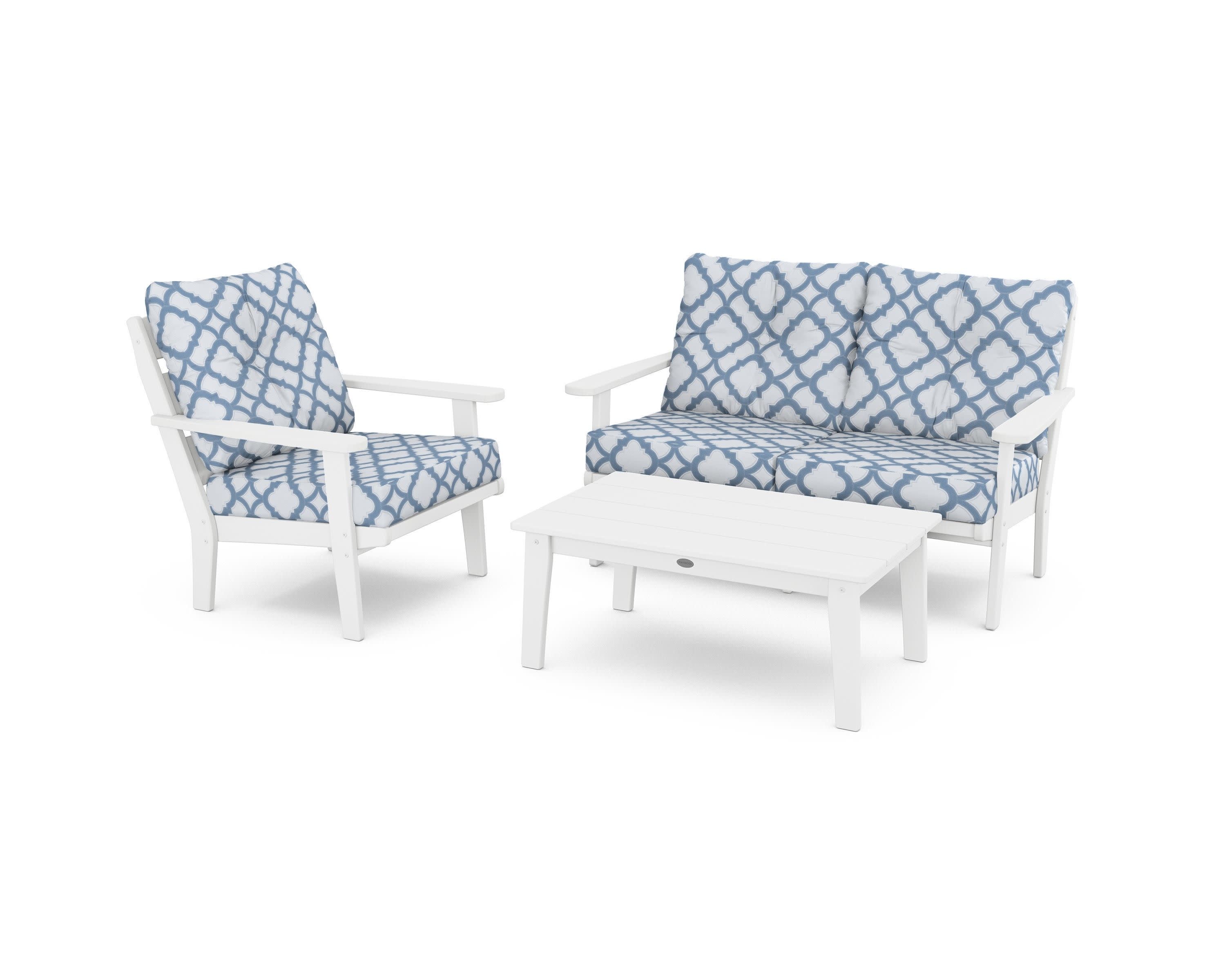 Lakeside 3-Piece Deep Seating Set in White / Trellis Sky Blue