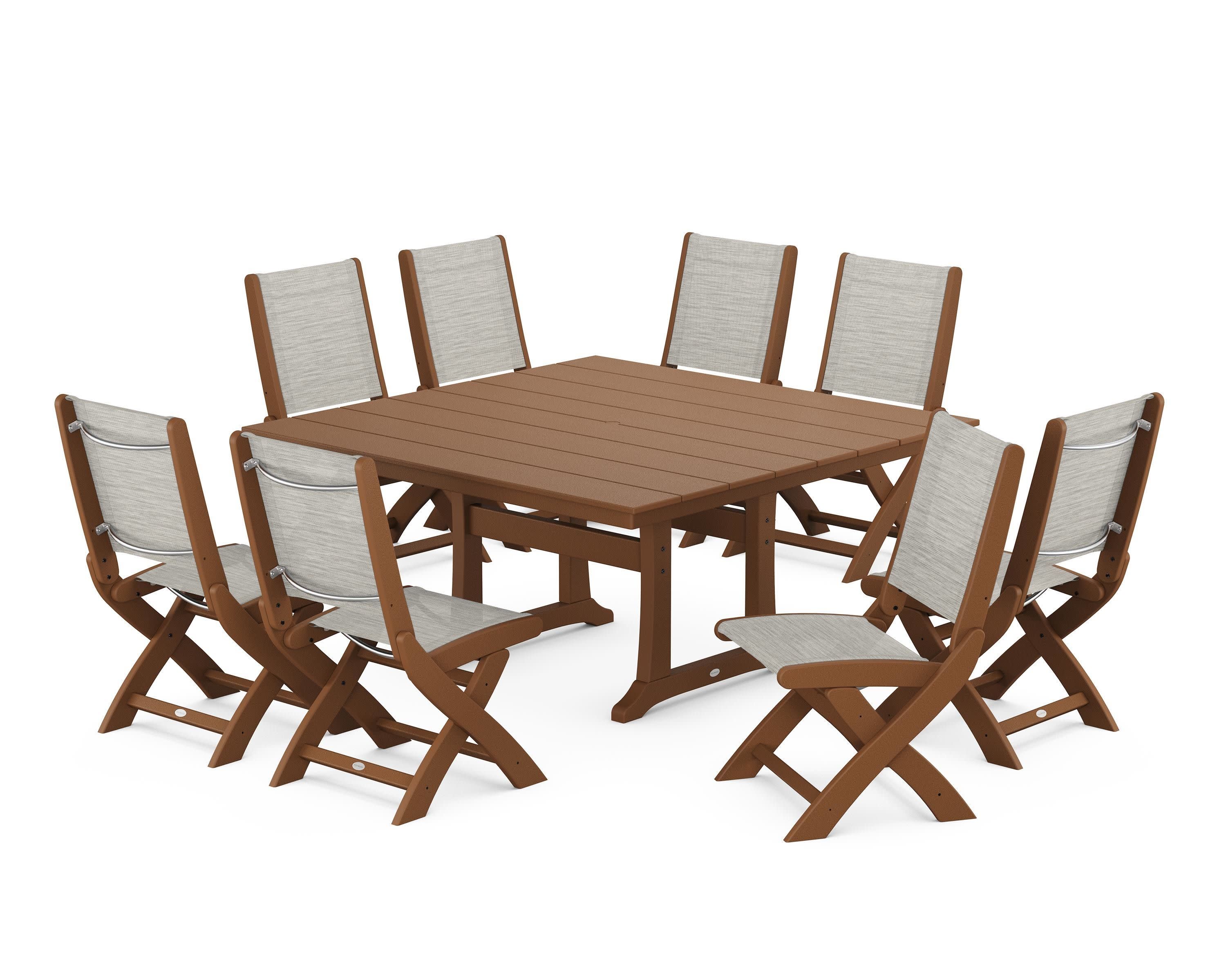 Coastal Folding Side Chair 9-Piece Farmhouse Dining Set in Teak / Birch Sling