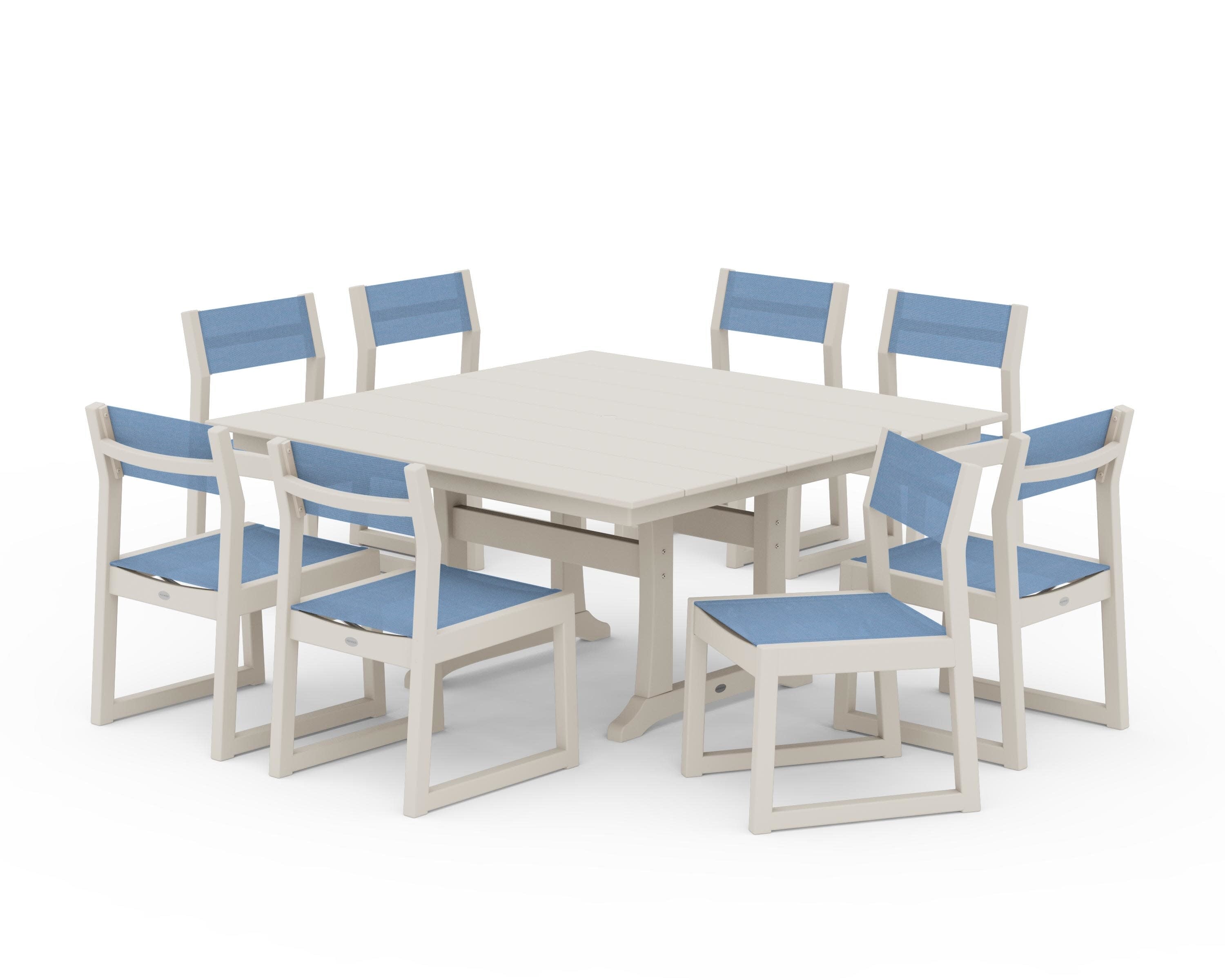 EDGE Sling Side Chair 9-Piece Farmhouse Trestle Dining Set in Sand / Poolside Sling