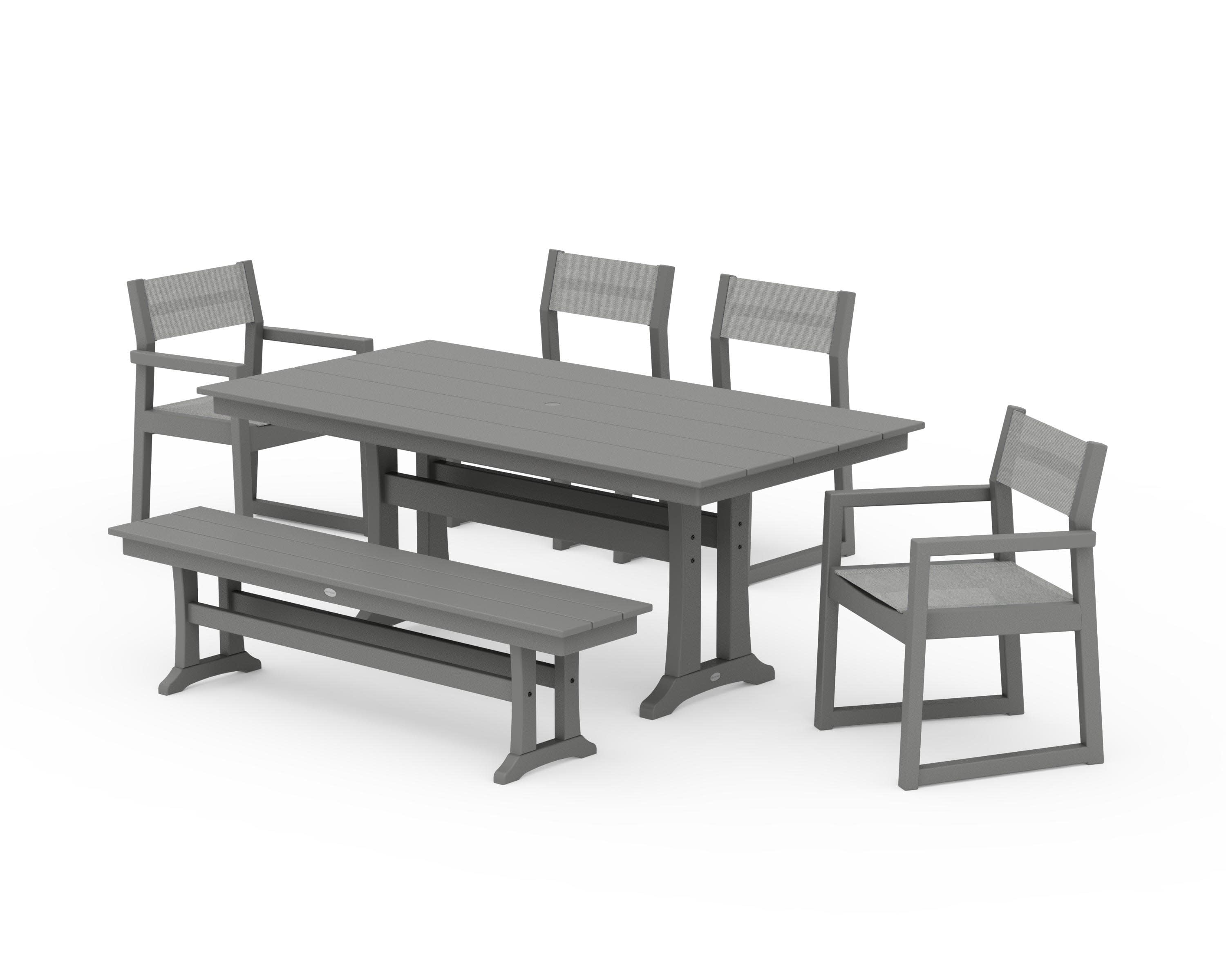 EDGE Sling 6-Piece Farmhouse Dining Set With Trestle Legs in Slate Grey / Metallic Sling