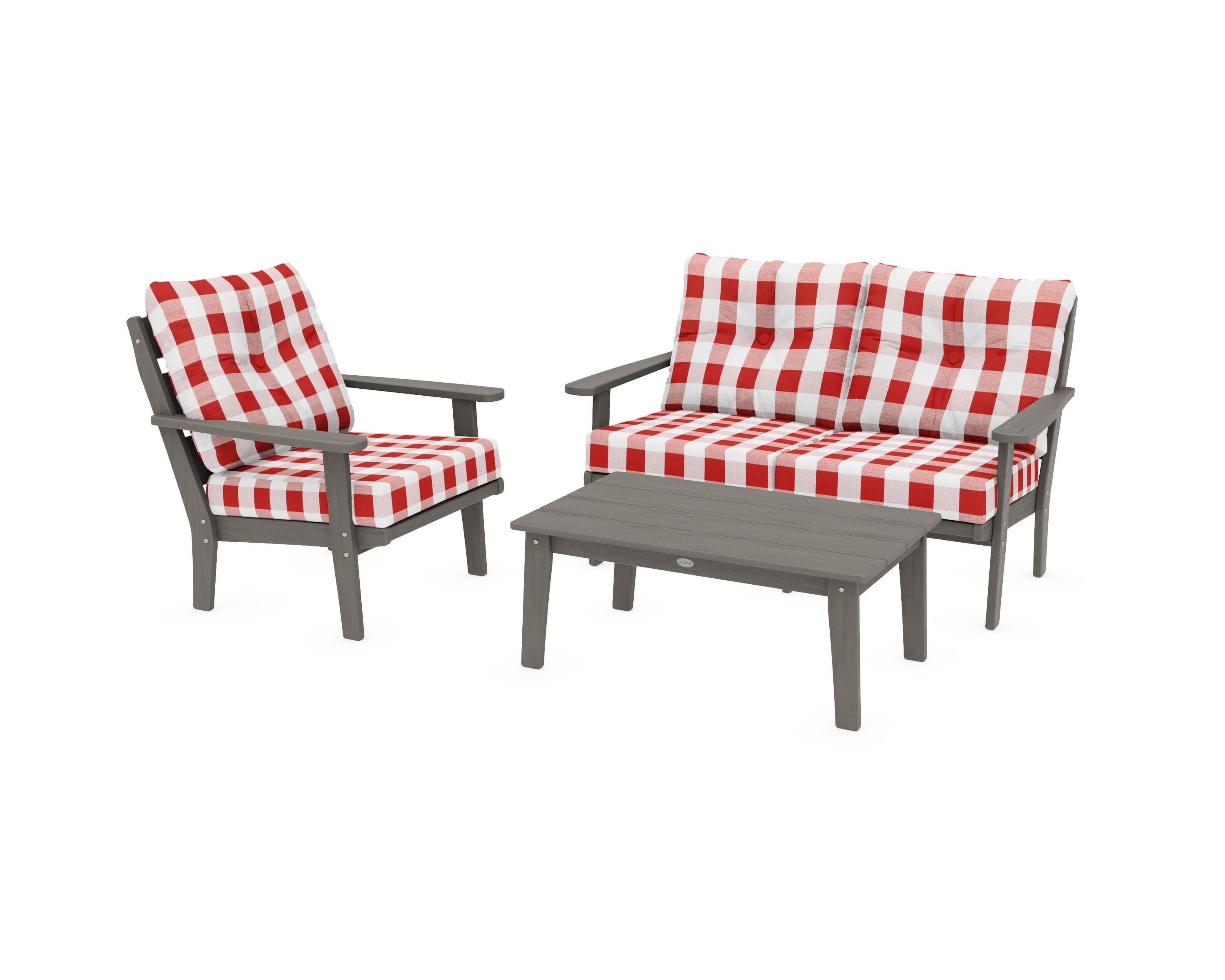 Lakeside 3-Piece Deep Seating Set in Driftwood / Buffalo Plaid Crimson