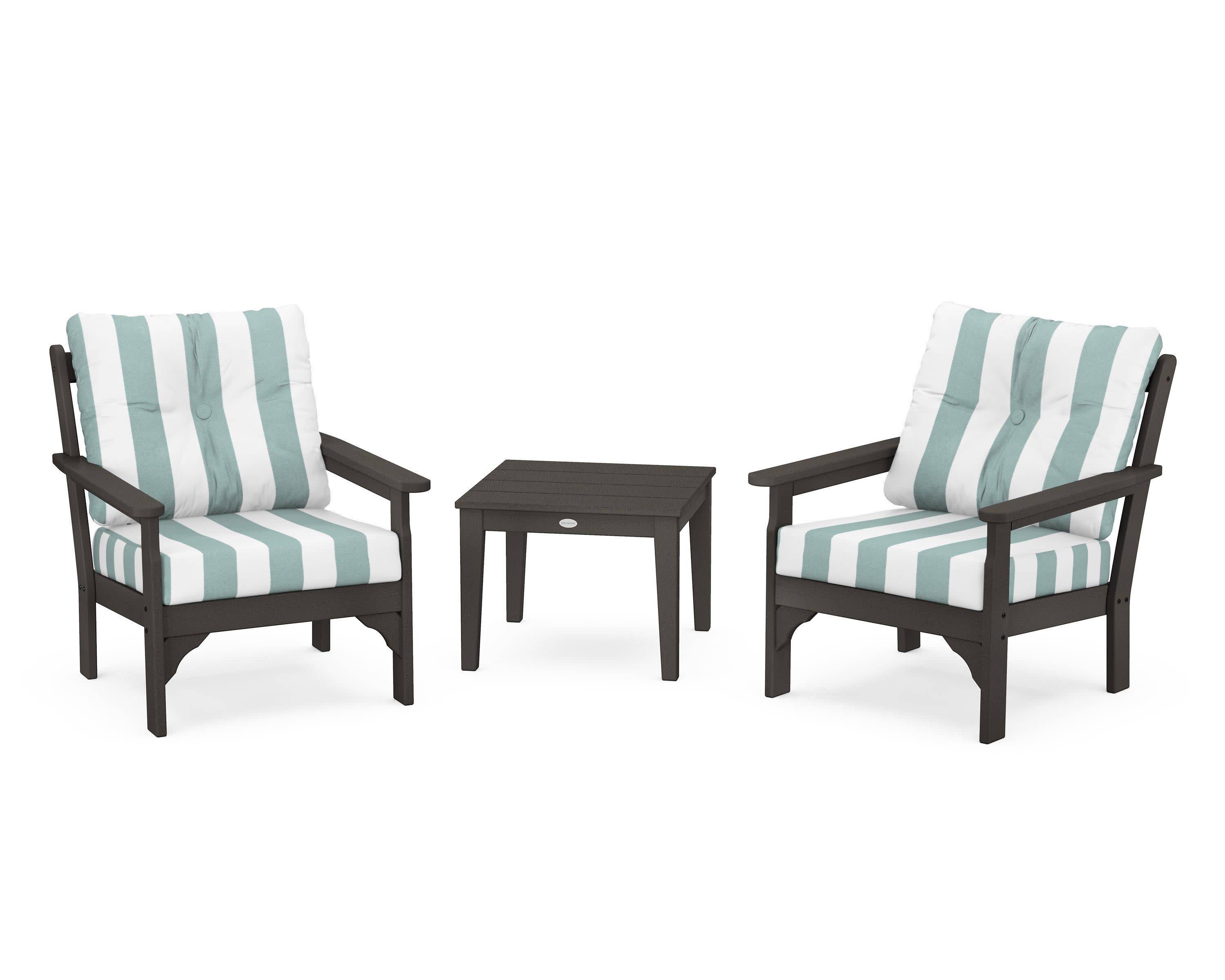 Vineyard 3-Piece Deep Seating Set in Vintage Coffee / Cabana Stripe Glacier Spa