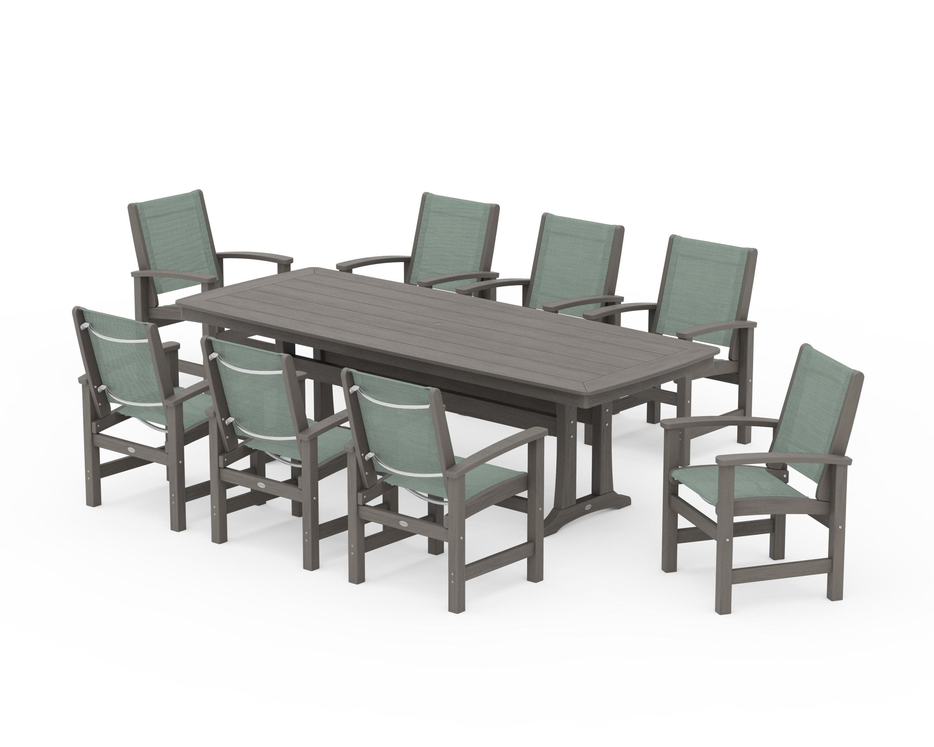 Coastal 9-Piece Dining Set with Trestle Legs in Driftwood / Dupioni Sea Mist Sling