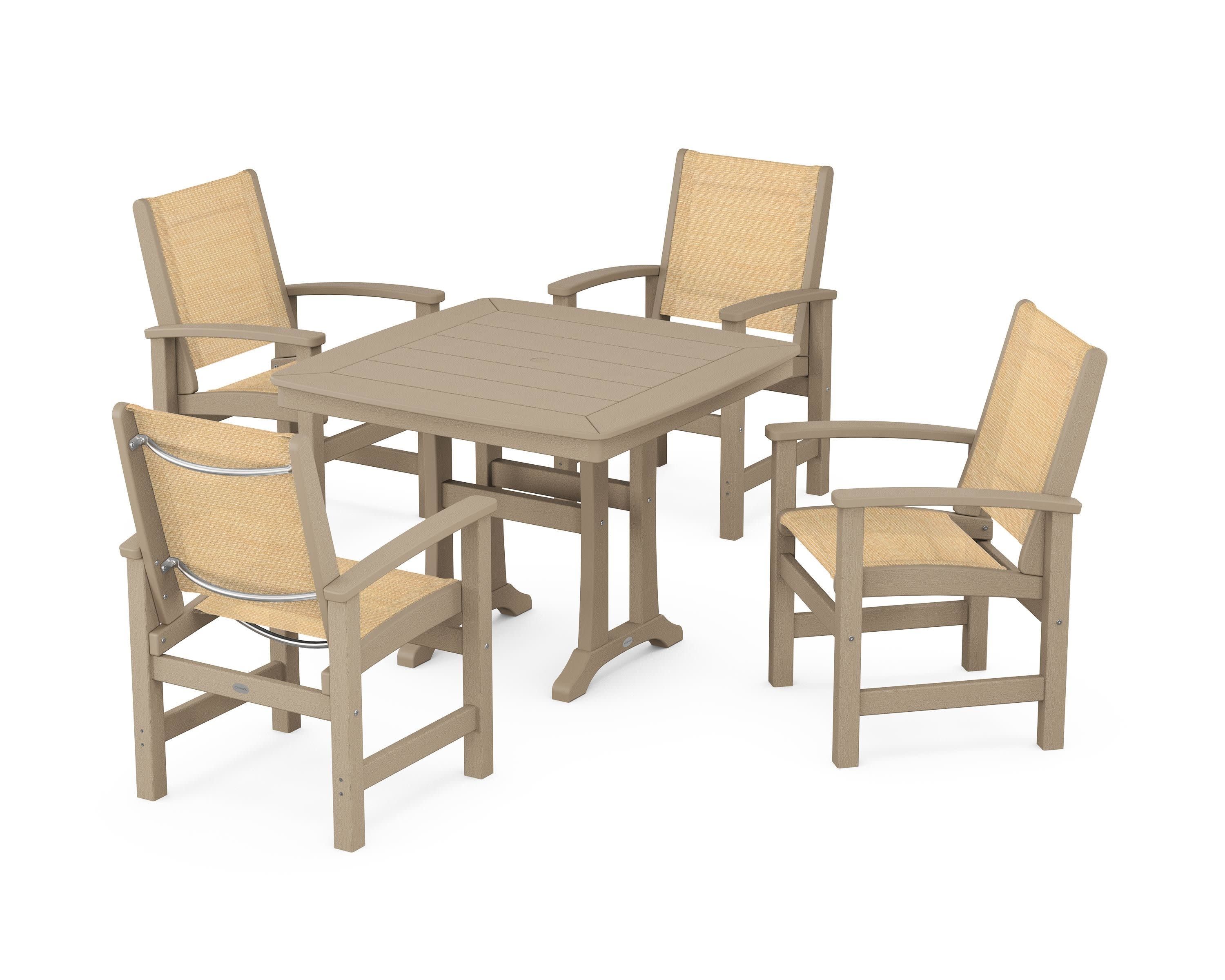 Coastal 5-Piece Dining Set with Trestle Legs in Vintage Sahara / Dupioni Apricot Sling