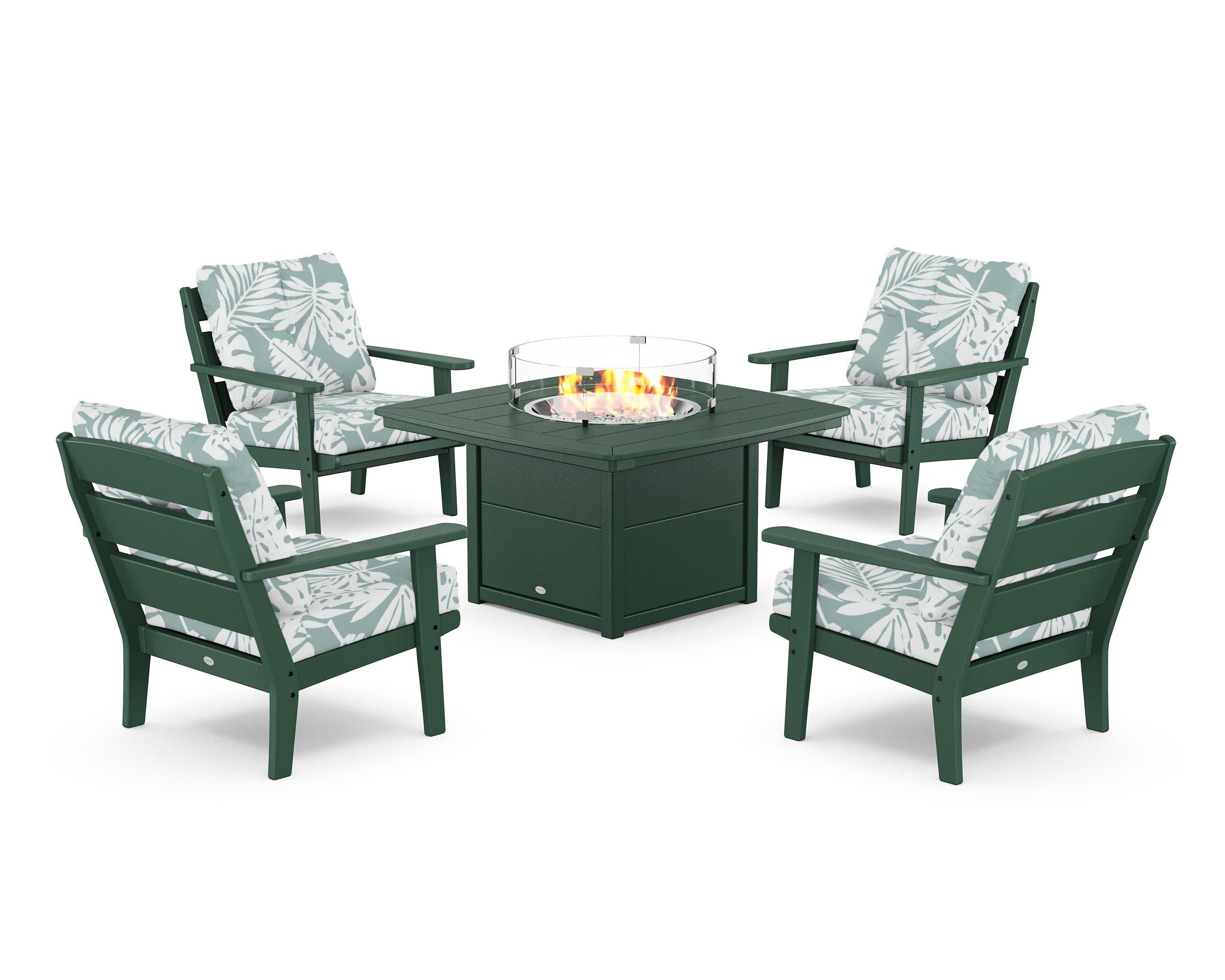 Lakeside 5-Piece Deep Seating Set with Nautical Fire Pit Table in Green / Leaf Glacier Spa