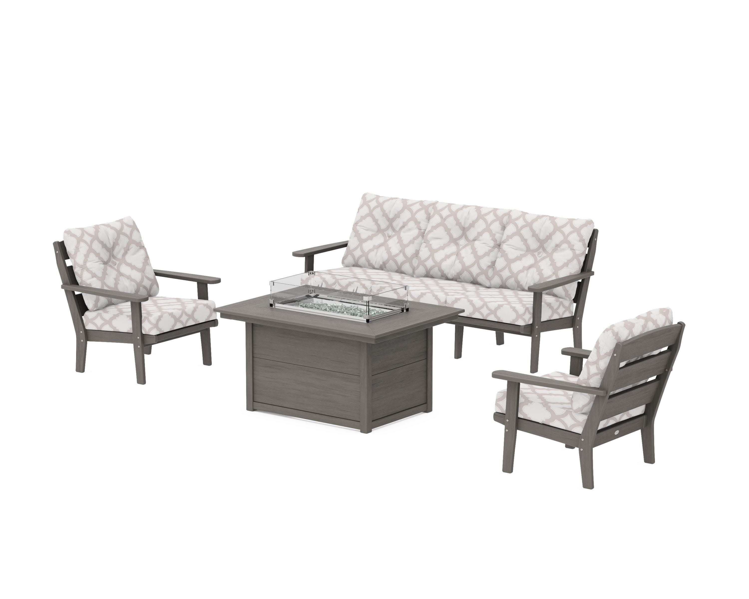 Lakeside Deep Seating Fire Pit Table Set in Driftwood / Trellis Dune Burlap