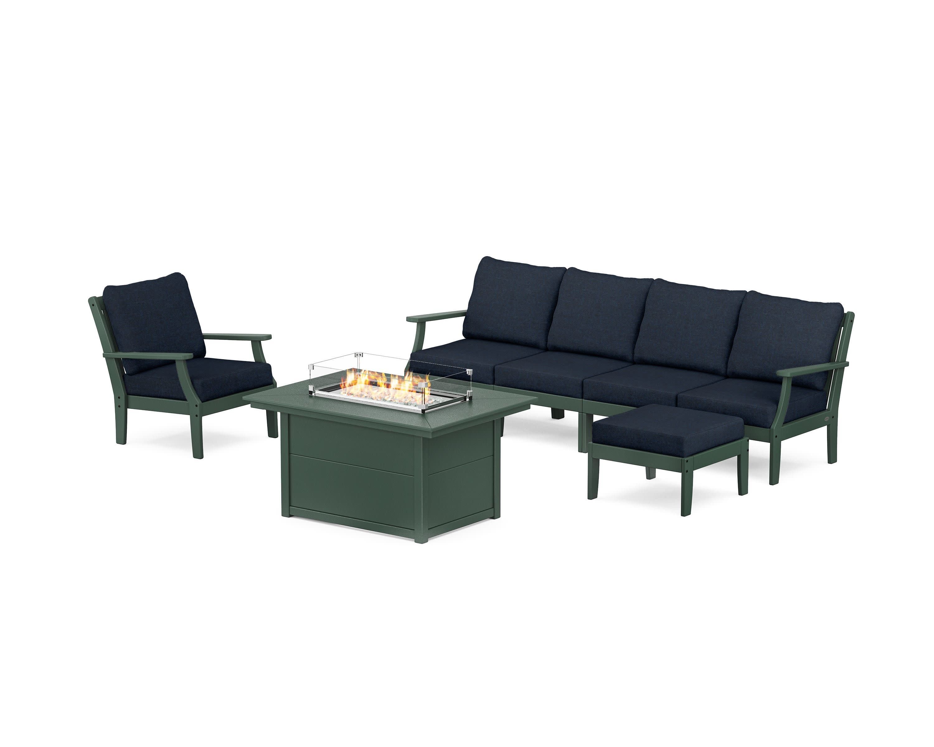 Braxton Sectional Lounge and Fire Pit Set in Green / Marine Indigo