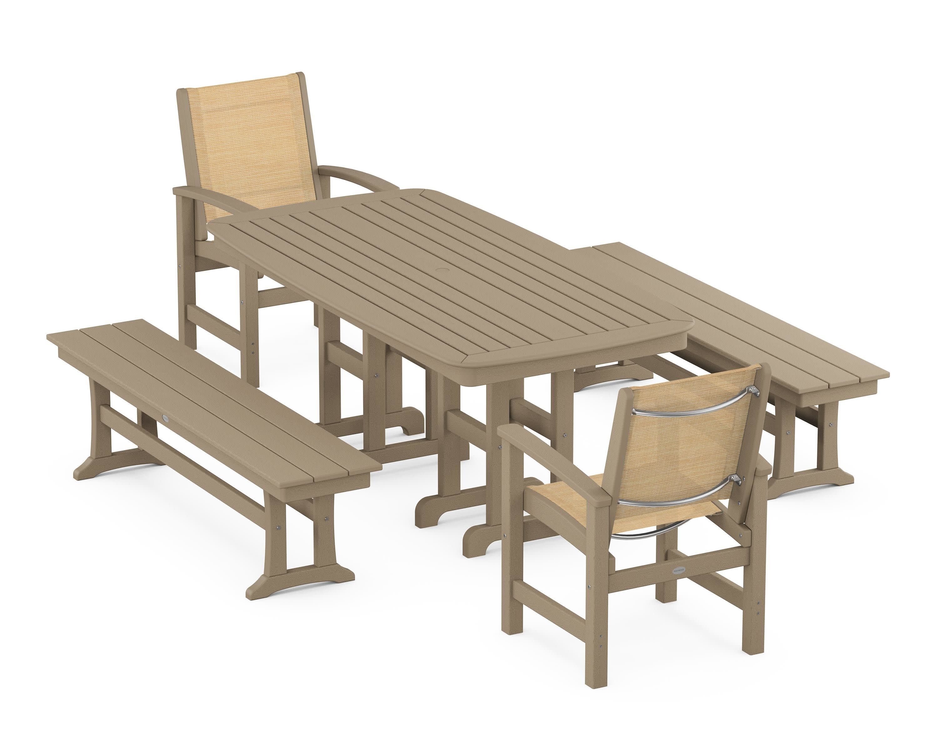 Coastal 5-Piece Dining Set in Vintage Sahara / Dupioni Apricot Sling