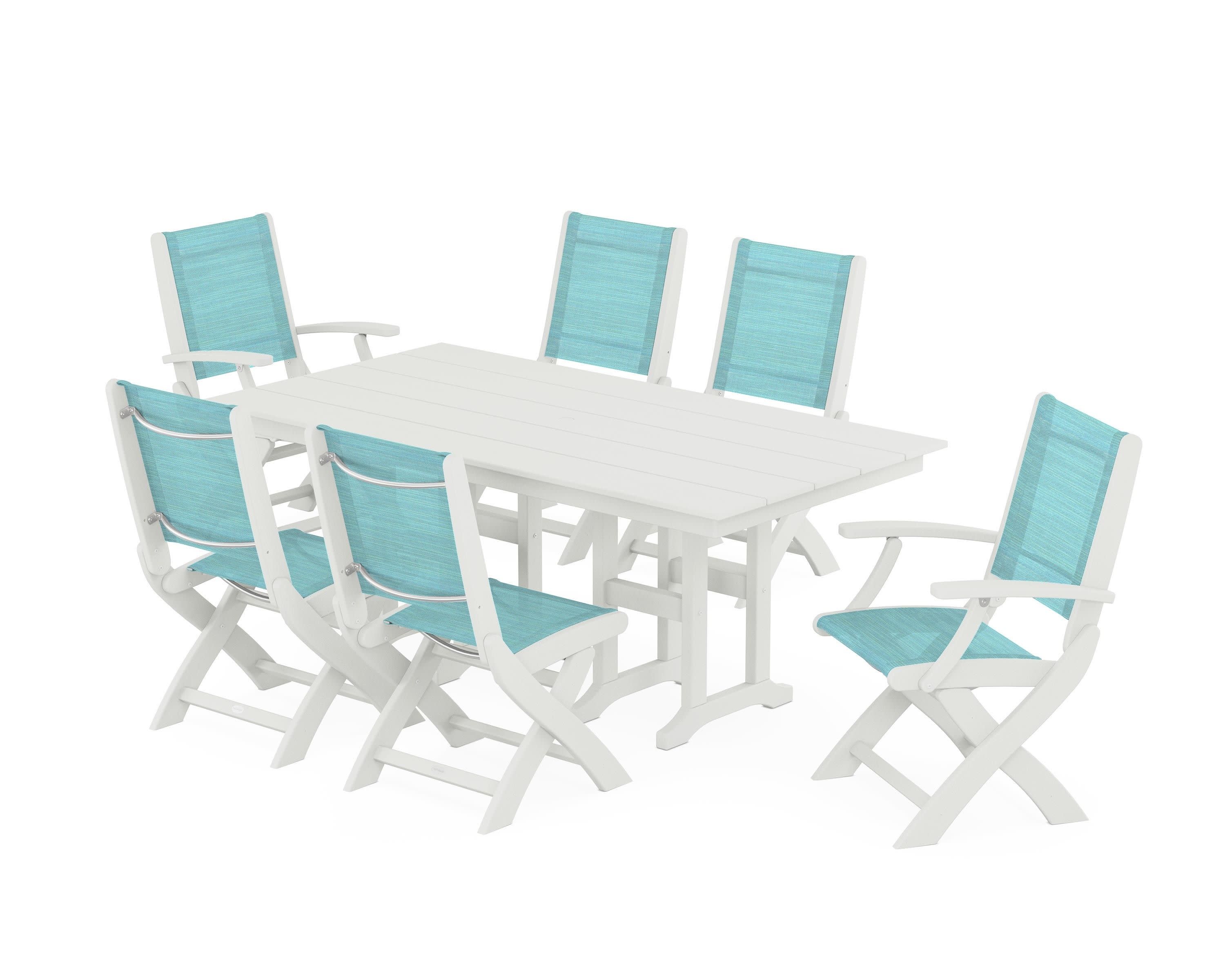 Coastal Folding Chair 7-Piece Farmhouse Dining Set in Vintage White / Dupioni Aquamarine Sling