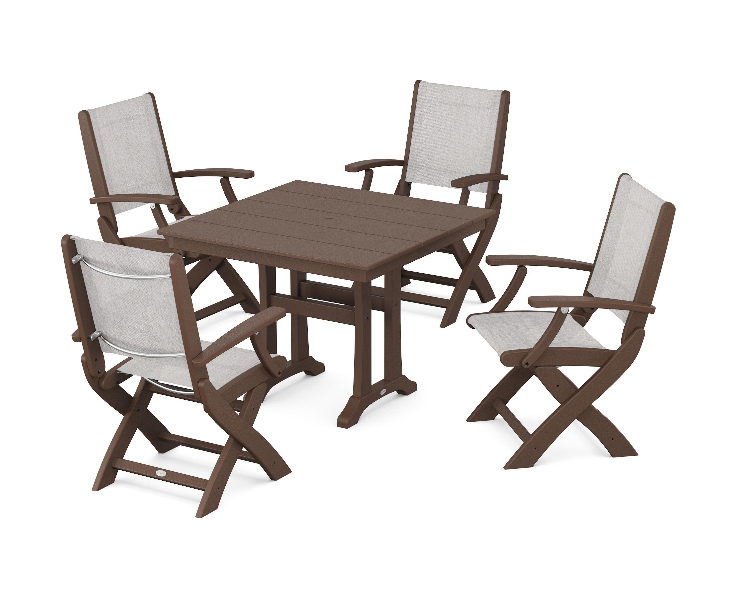 Coastal Folding Chair 5-Piece Farmhouse Dining Set With Trestle Legs in Mahogany / Parchment Sling