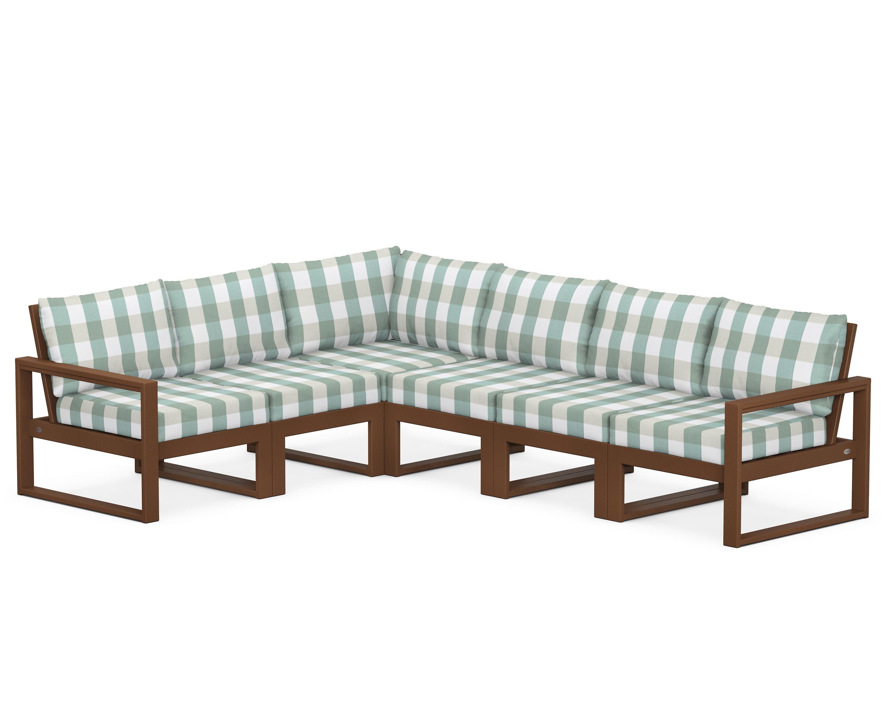 EDGE 6-Piece Modular Deep Seating Set in Teak / Buffalo Plaid Glacier Spa
