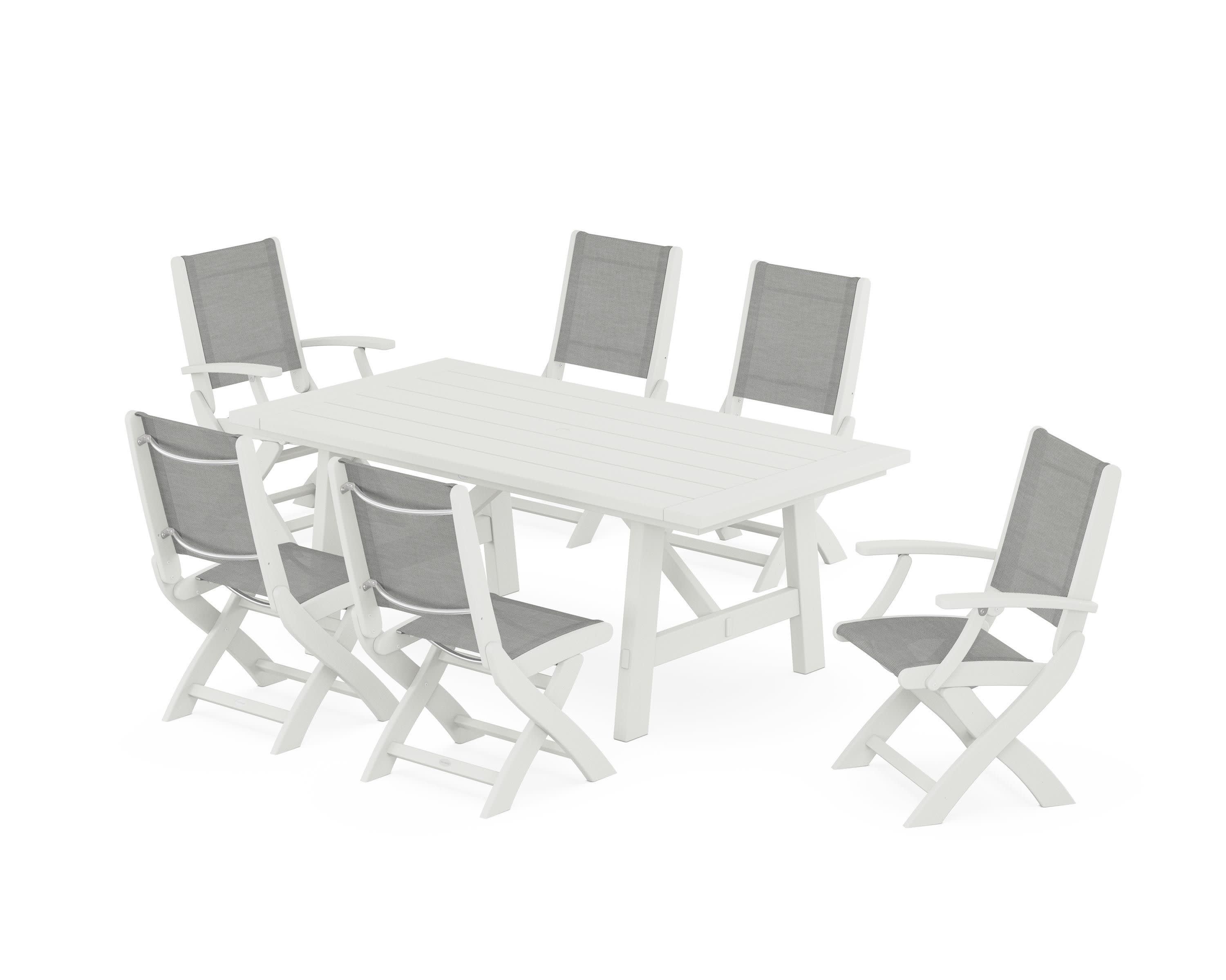 Coastal Folding Chair 7-Piece Rustic Farmhouse Dining Set in Vintage White / Metallic Sling