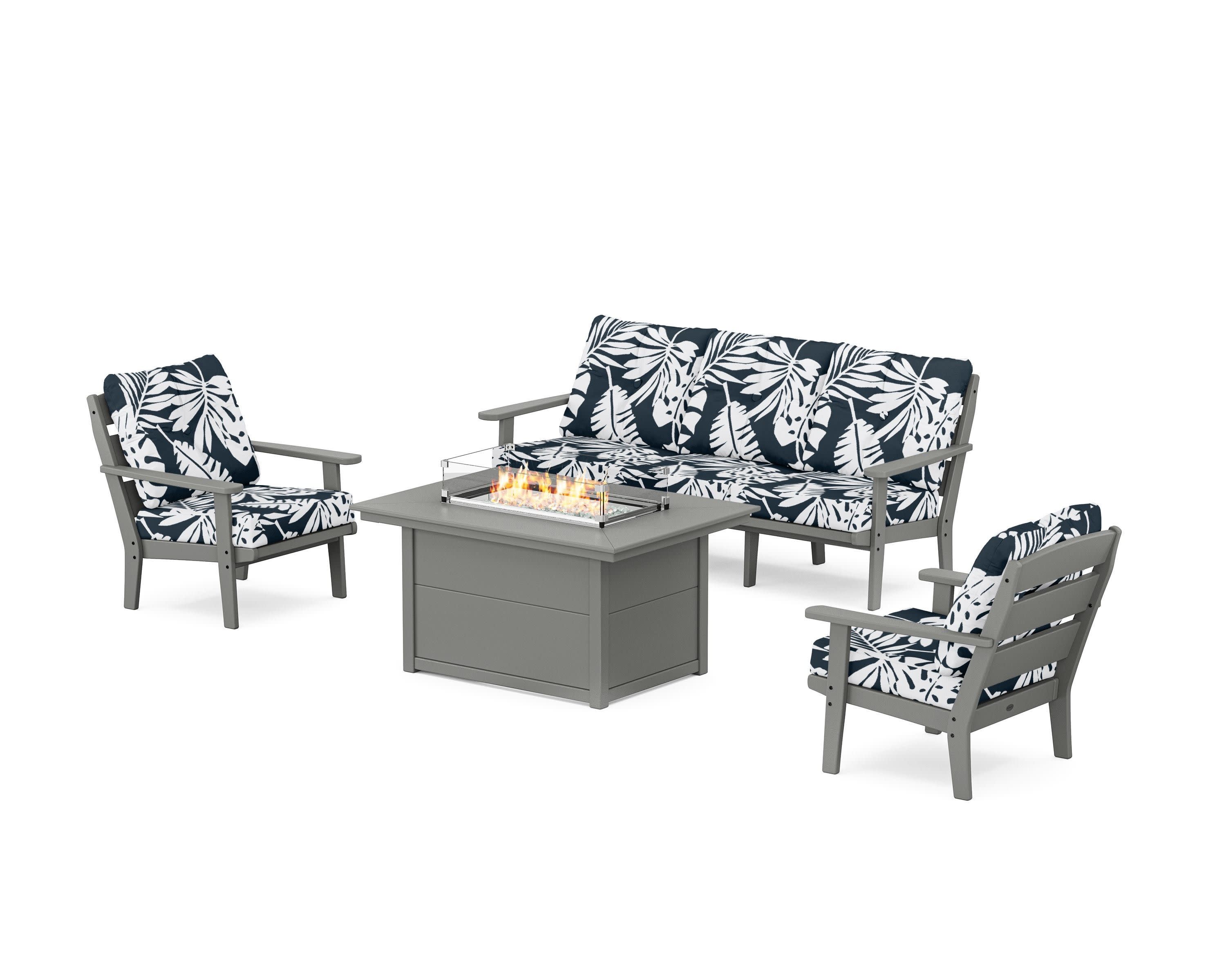 Lakeside Deep Seating Fire Pit Table Set in Slate Grey / Leaf Marine Indigo