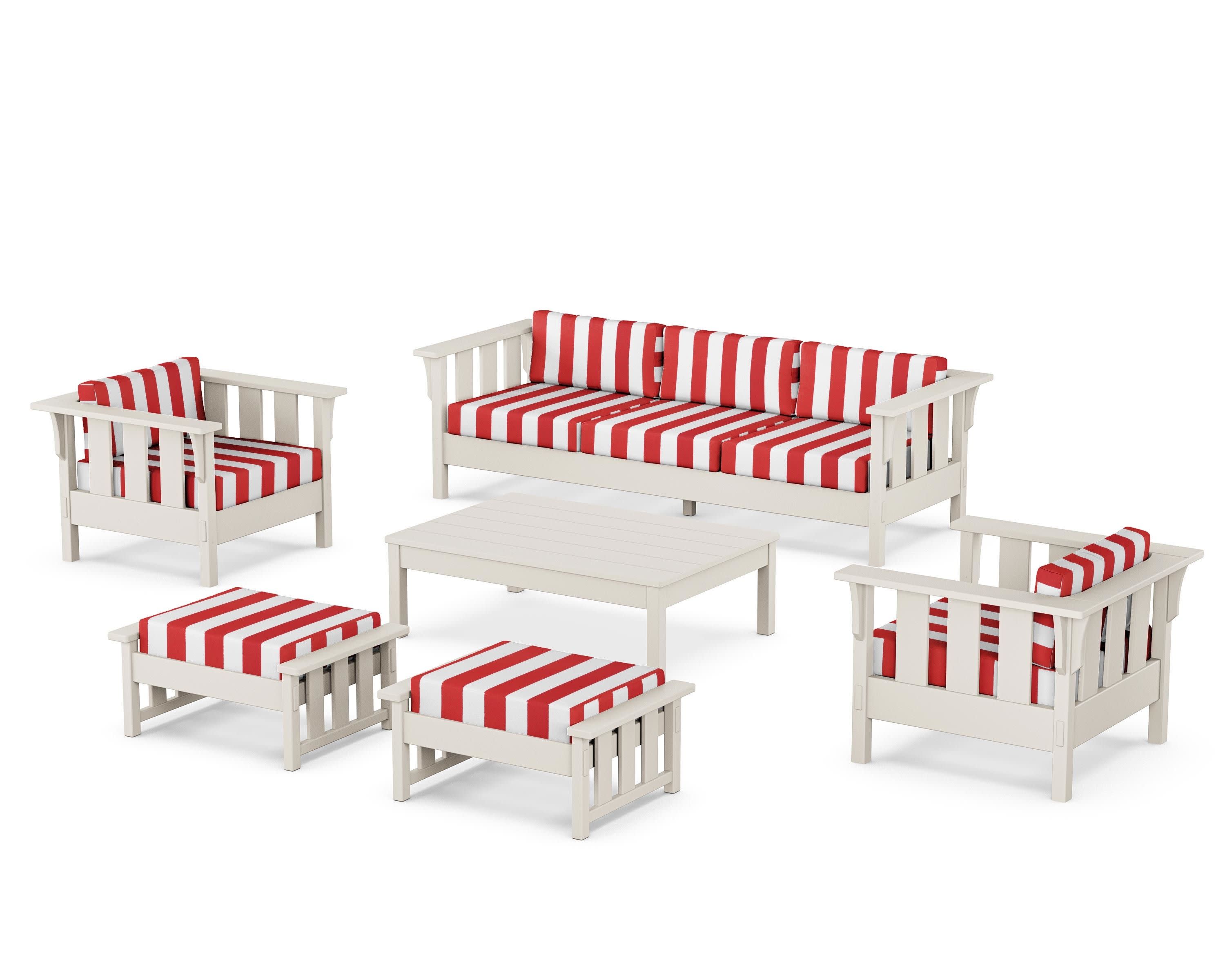 Acadia 6-Piece Lounge Sofa Set in Sand / Cabana Stripe Crimson