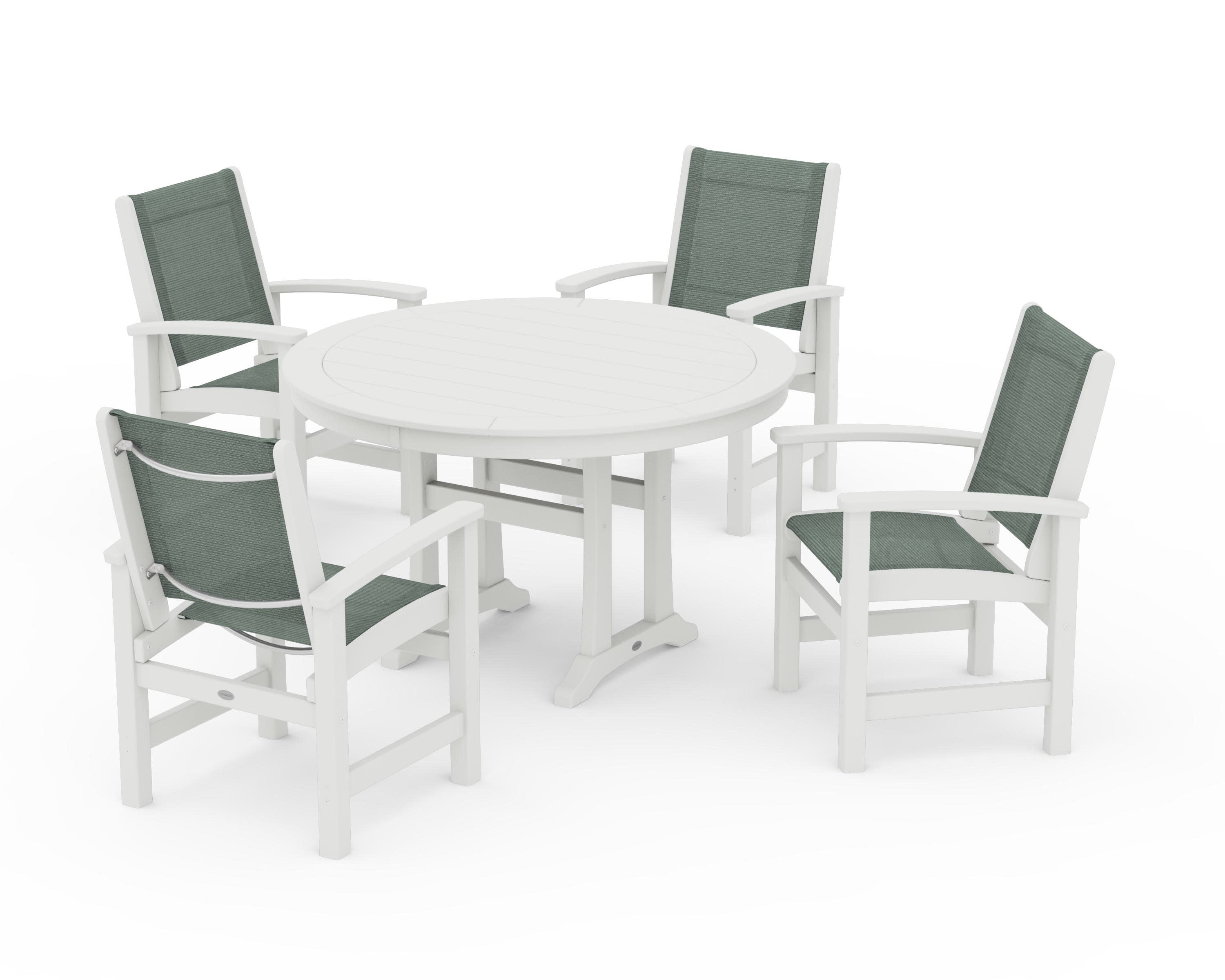 Coastal 5-Piece Round Dining Set with Trestle Legs in Vintage White / Dupioni Sea Mist Sling