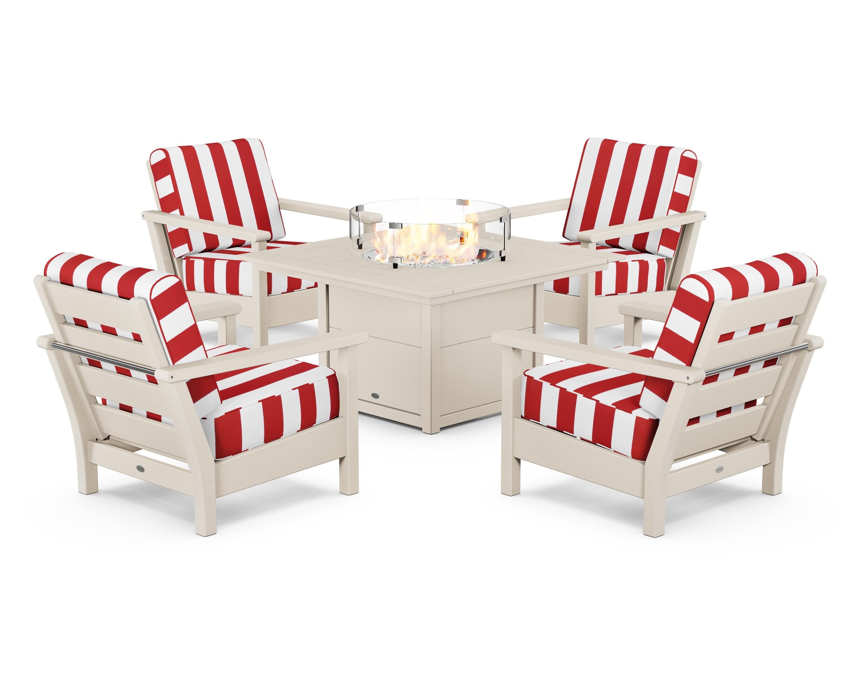 Harbour 5-Piece Conversation Set with Fire Pit Table in Sand / Cabana Stripe Crimson