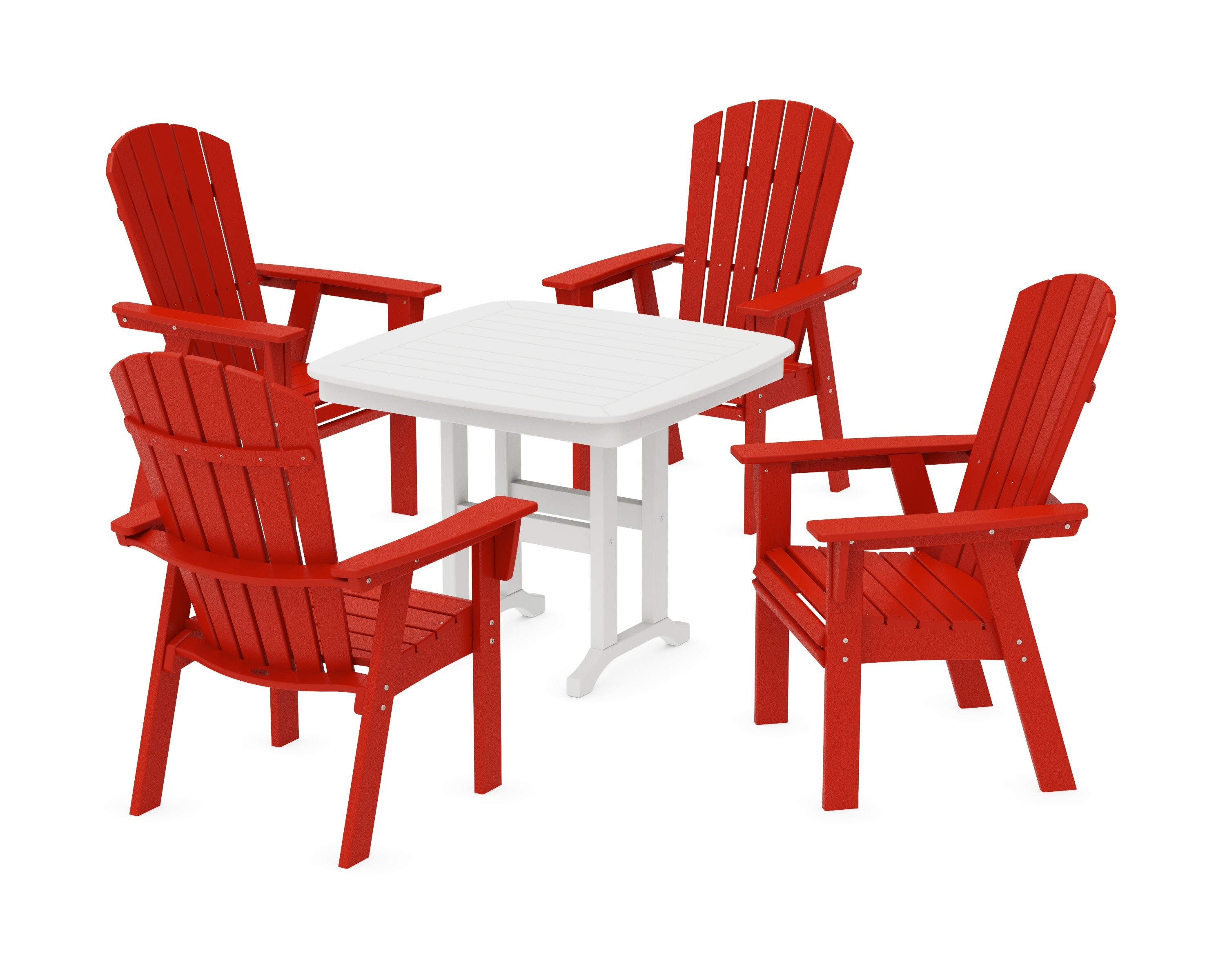 Nautical Curveback Adirondack 5-Piece Dining Set in Sunset Red / White