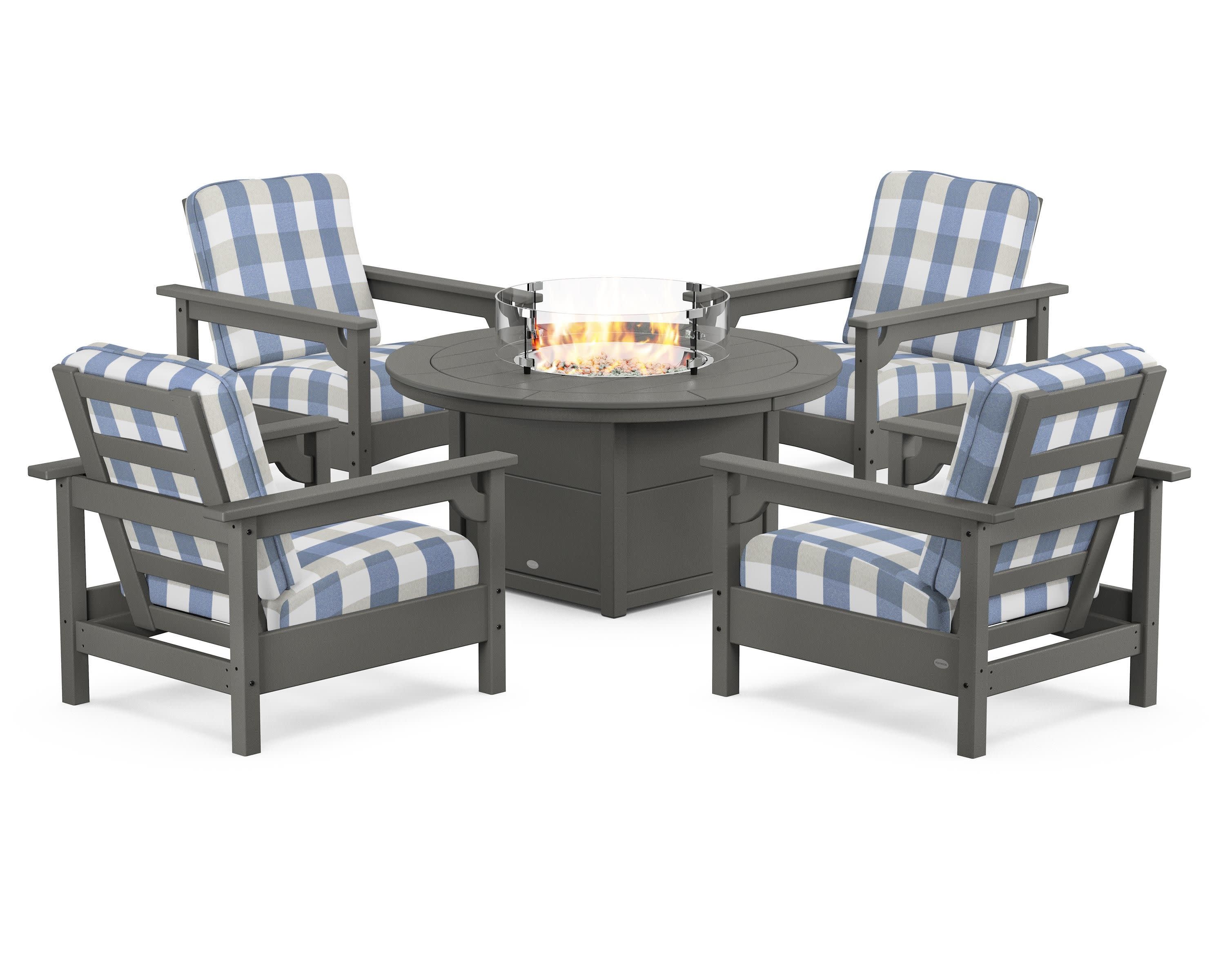 Club 5-Piece Conversation Set with Fire Pit Table in Slate Grey / Buffalo Plaid Sky Blue