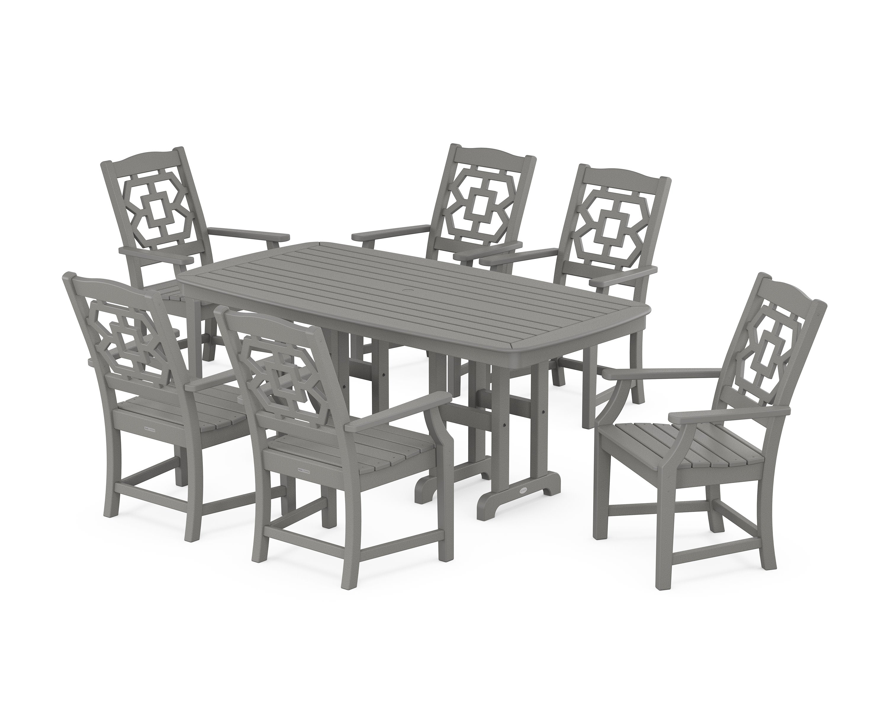 Chinoiserie Arm Chair 7-Piece Dining Set in Slate Grey