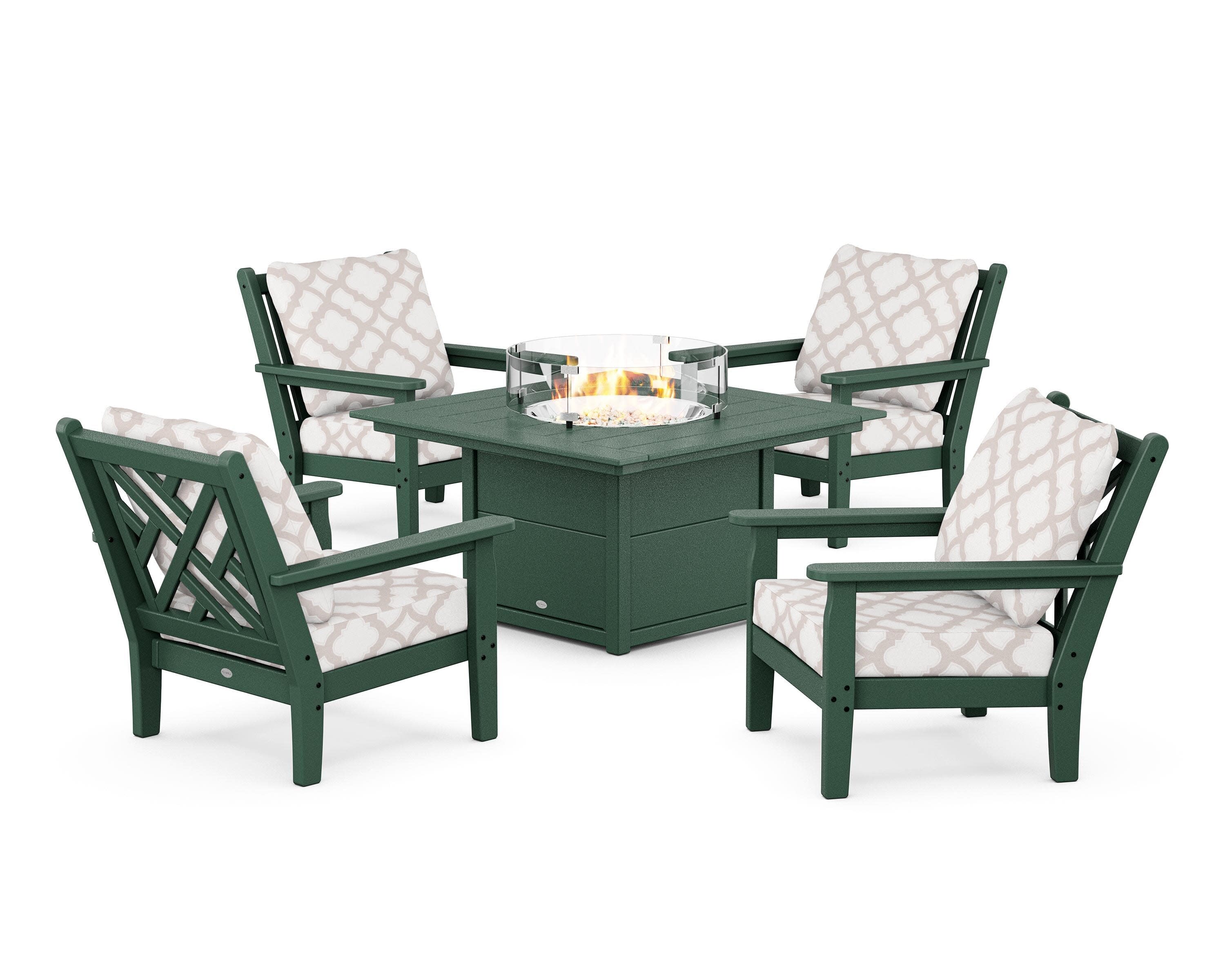 Chippendale 5-Piece Deep Seating Set with Fire Pit Table in Green / Trellis Dune Burlap