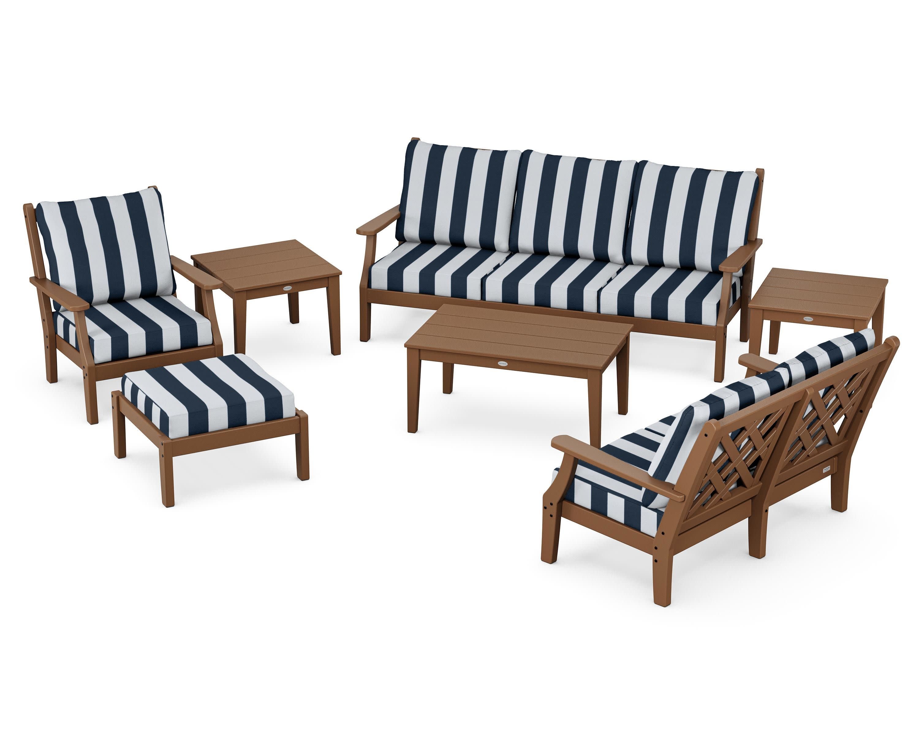 Wovendale 7-Piece Deep Seating Set in Teak / Cabana Stripe Marine Indigo