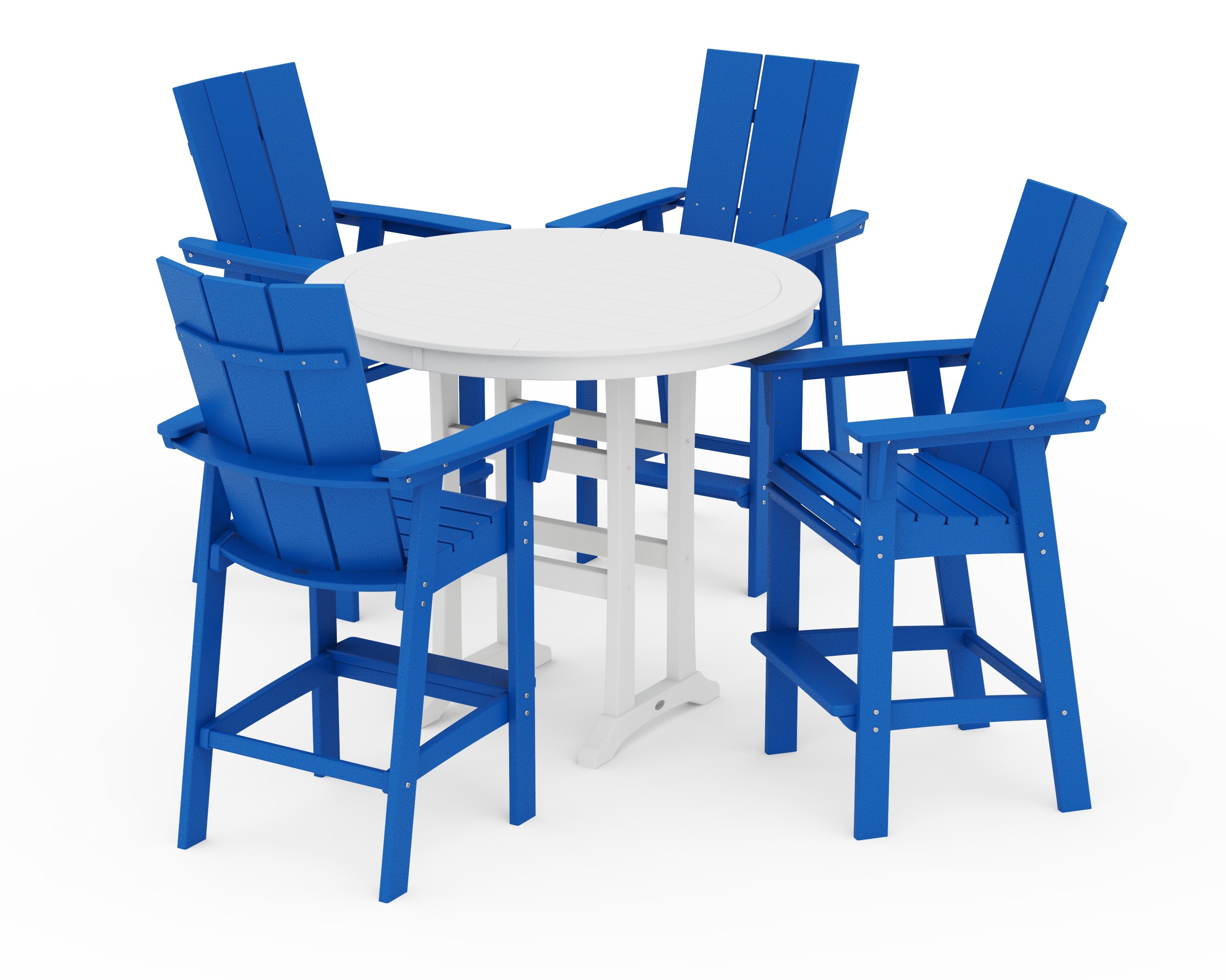 Modern Curveback Adirondack 5-Piece Nautical Trestle Bar Set in Pacific Blue / White