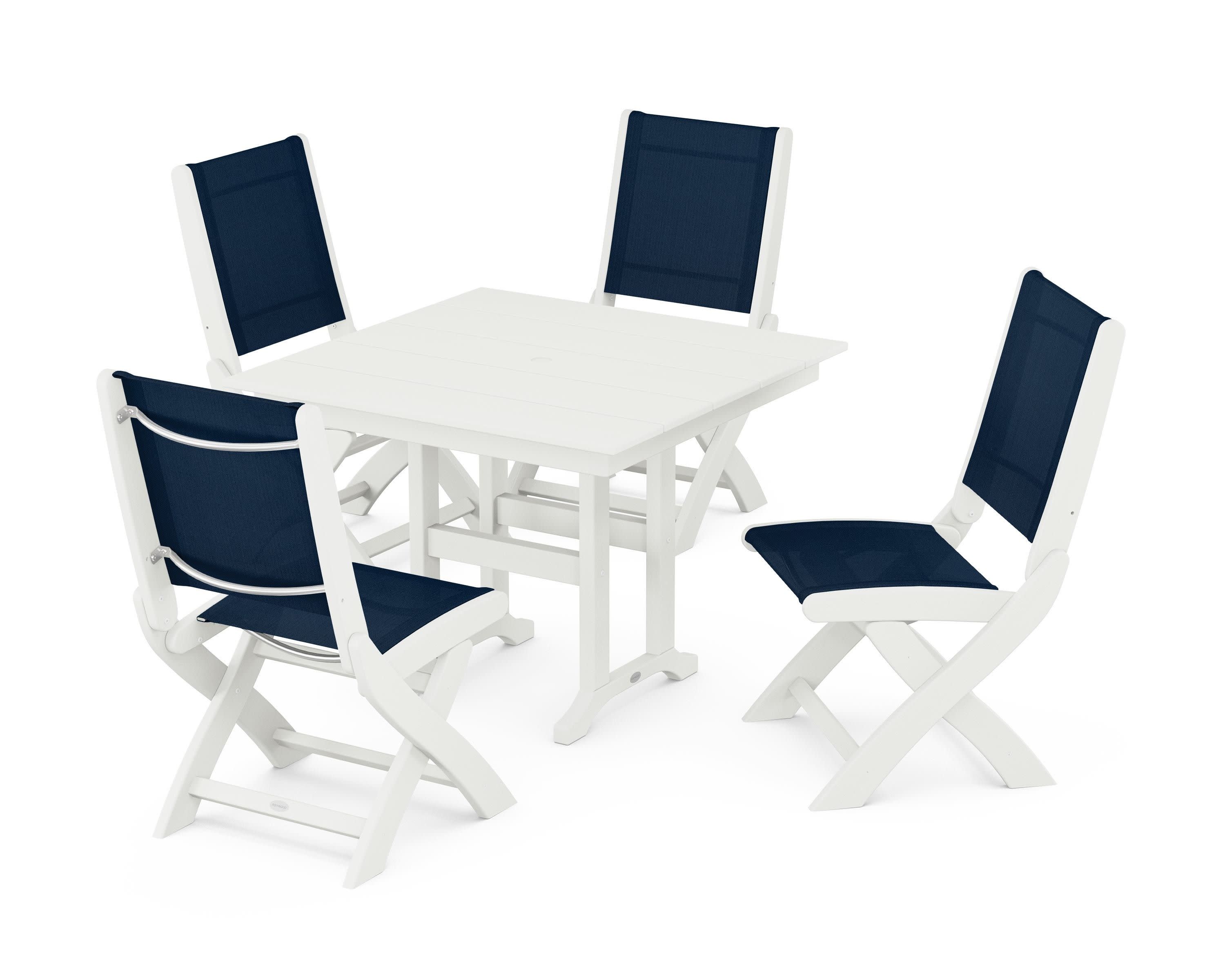 Coastal Folding Side Chair 5-Piece Farmhouse Dining Set in Vintage White / Navy Blue Sling