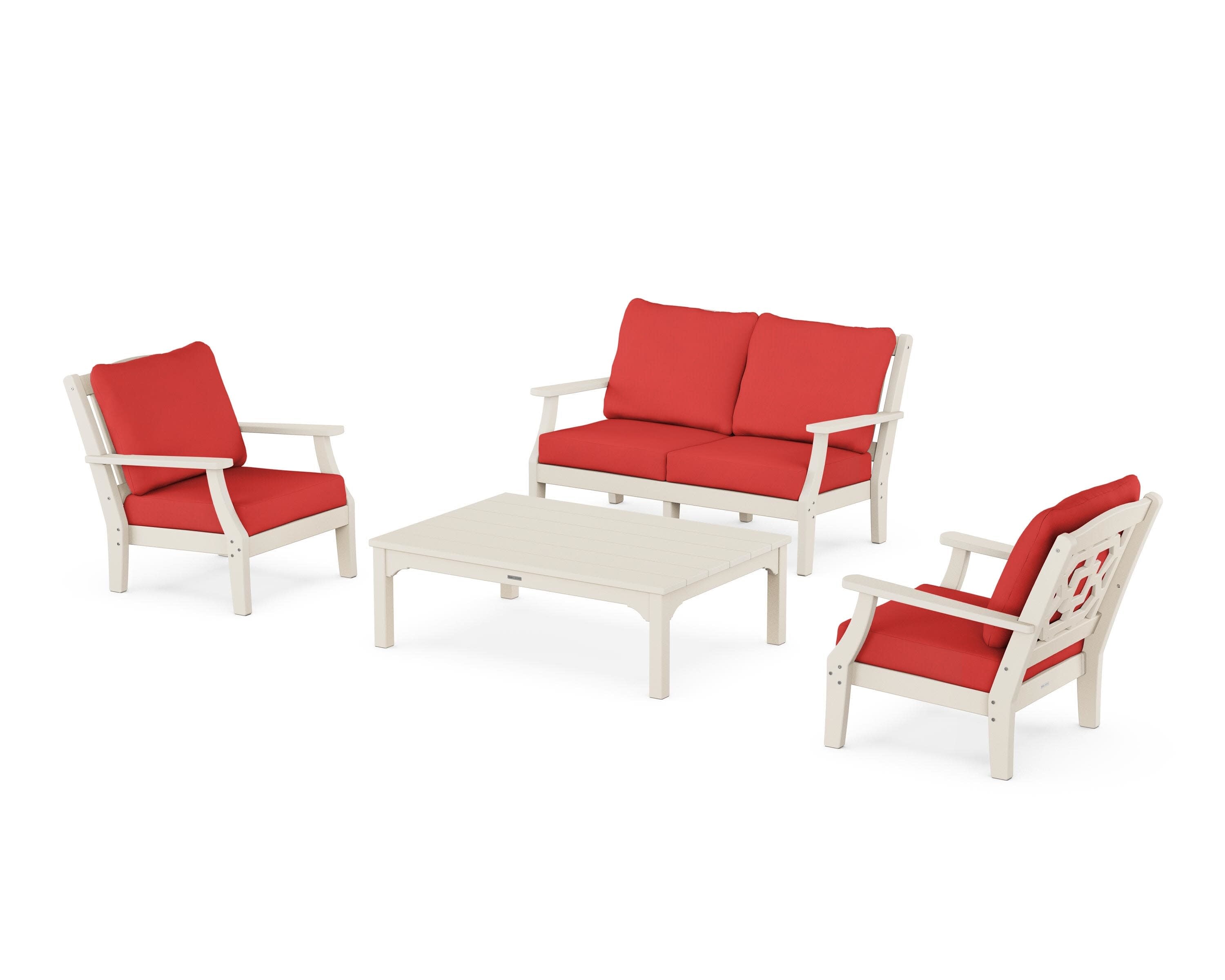 Chinoiserie 4-Piece Deep Seating Set with Loveseat in Sand / Crimson Linen