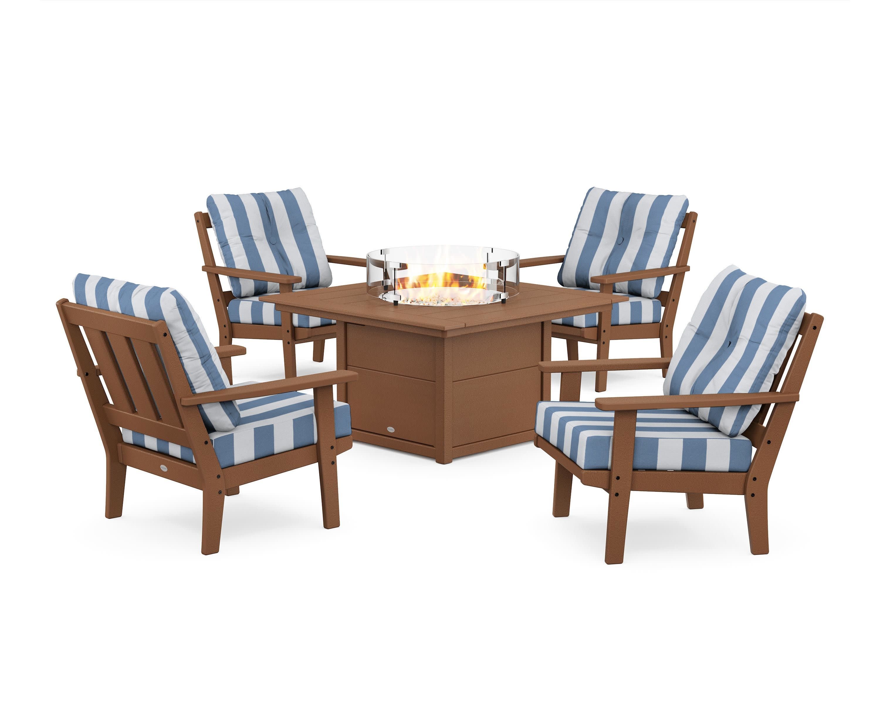 Oxford 5-Piece Deep Seating Set with Fire Pit Table in Teak / Cabana Stripe Sky Blue