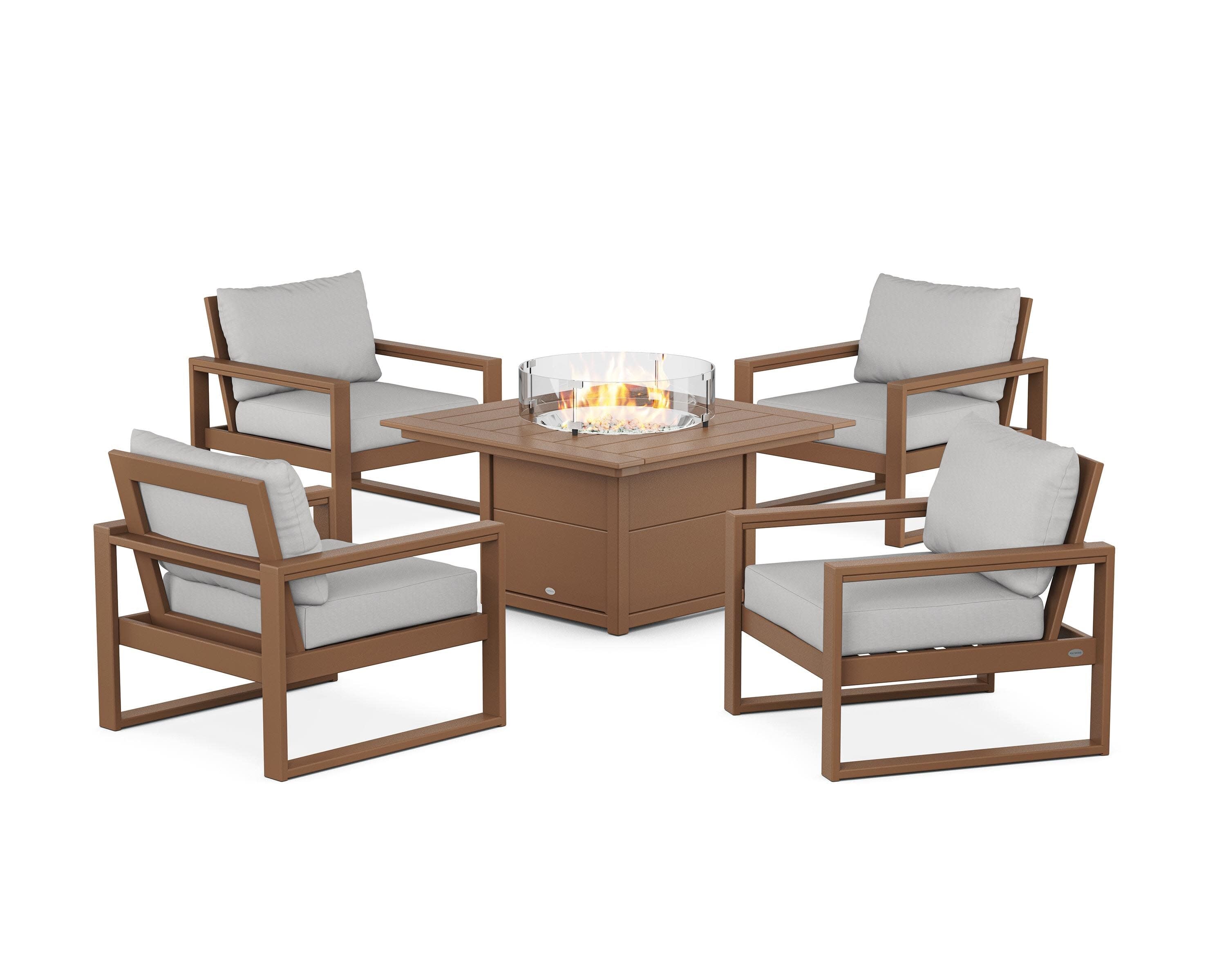 EDGE Sectional 5-Piece Deep Seating Set with Fire Pit Table in Teak / Diamond in the Rough