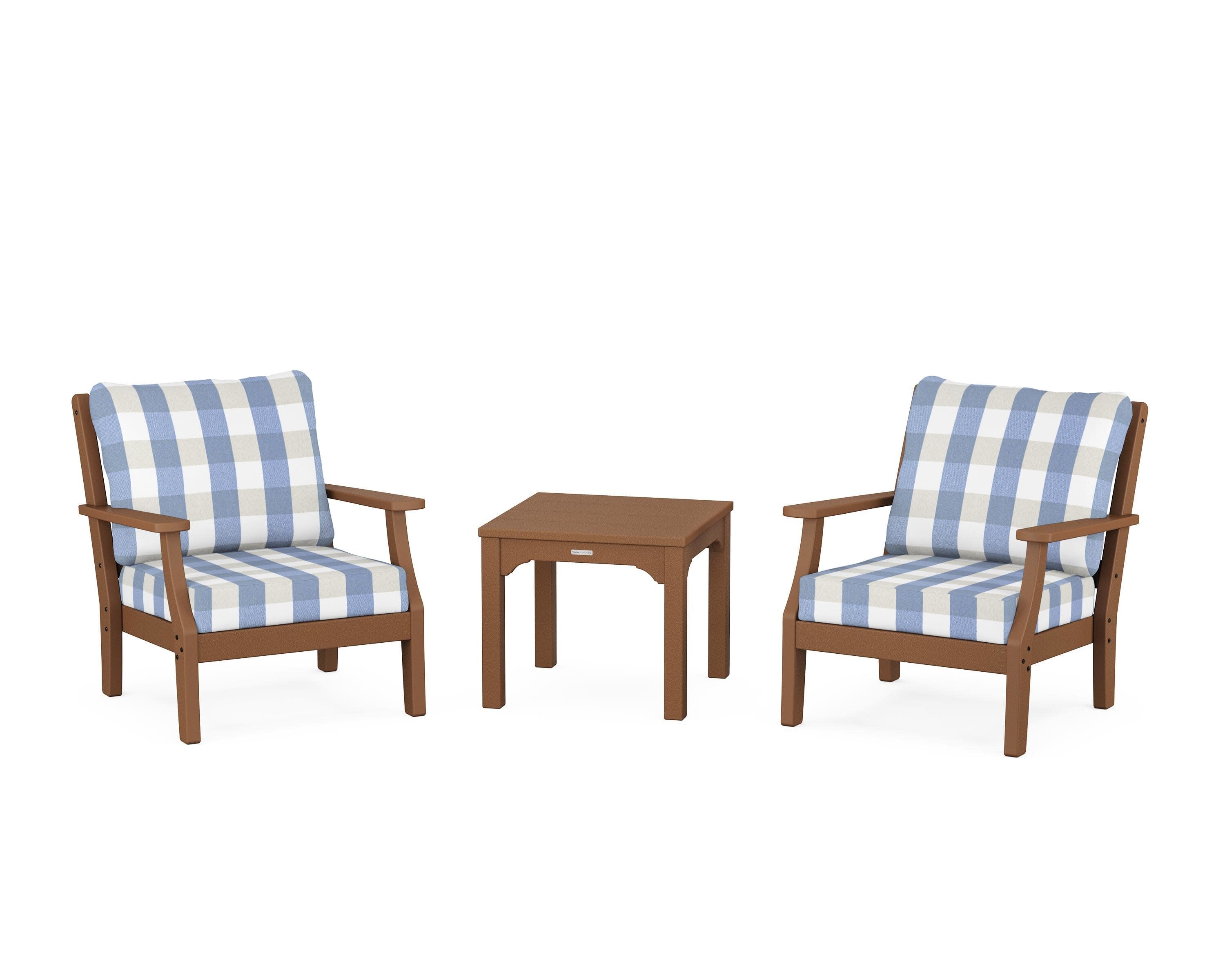 Chinoiserie 3-Piece Deep Seating Set in Teak / Buffalo Plaid Sky Blue